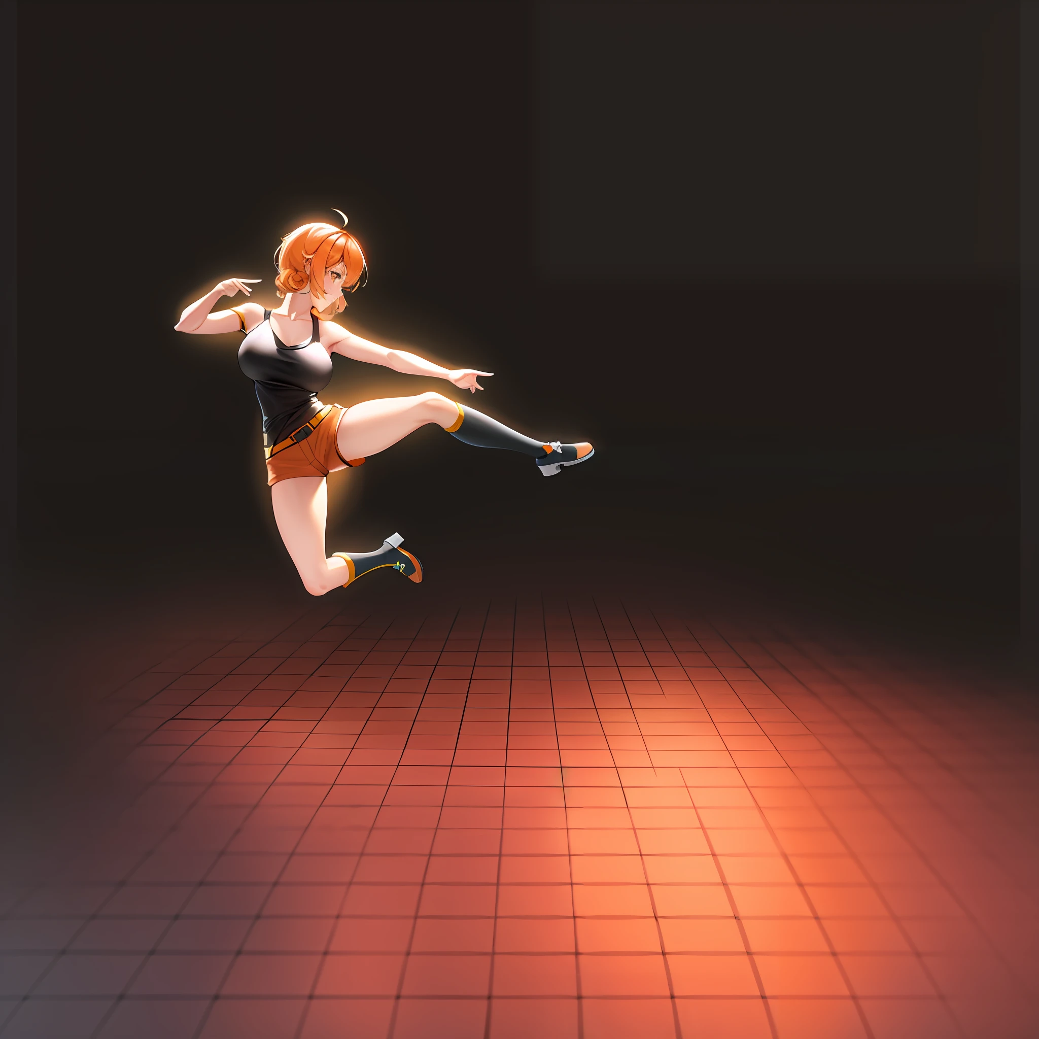 ((Best quality)), ((masterpiece)), ((highly intricate details)), beautiful, high quality, high resolution, absurd, light diffusion, intricate details, intricate details, ((anime)), (anime:1.2) , (perfect face: 1.3), colorful, more detailed, vibrant colors, high contrast, (8K UHD: 1.2), (photorealistic: 1.2), (masterpiece: 1.4), (best quality: 1.4) ), extremely detailed wallpaper, highly detailed illustrations, (super complex detail), unified 4K, (super detailed CG: 1.2), (8K: 1.2), (original), (masterpiece), (best quality), (reality : 1.3), photorealistic, Octane rendering, (surreal: 1.2) ,((masterpiece:1.4, best quality:1.2)),1girl, huge breasts, tiled surface, running pose, anime girl running, MOCAP, pose of dynamic movement, full body with dynamic pose, character animation, character animation, dynamic active running pose, realistic dynamic pose, character pose, Character is standing, animation model, she is dancing. realistic, character is in his natural pose, dark skin, black belly shirt, orange curly hair, ((small orange shorts)), yellow eyes, white high boots, ((night)), simple background, dark black background