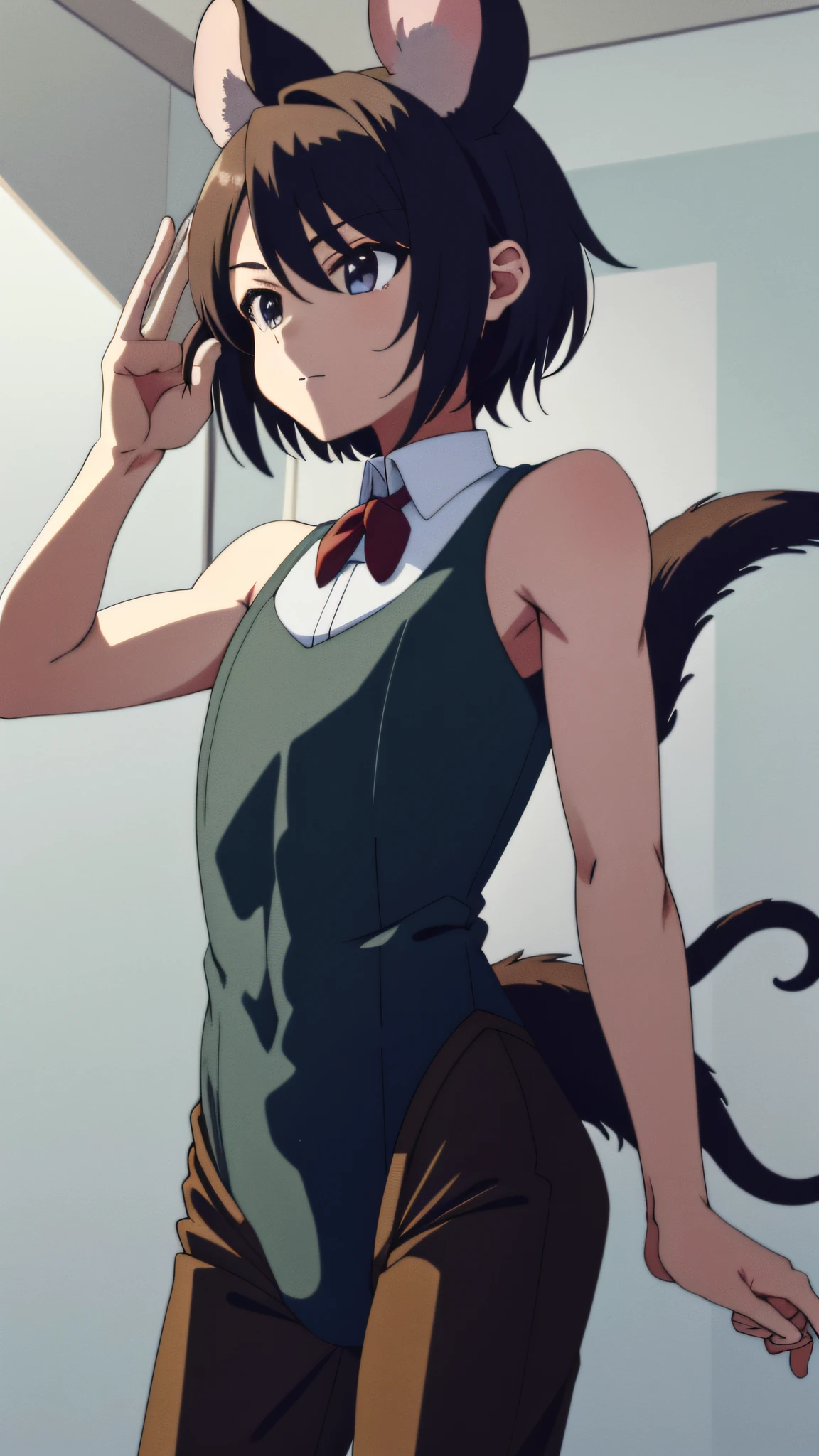 Best Quality, super detailed illustration, 1 boy, with ears and tail, Like a mouse, The body is like a girl's, Short Hair Hair