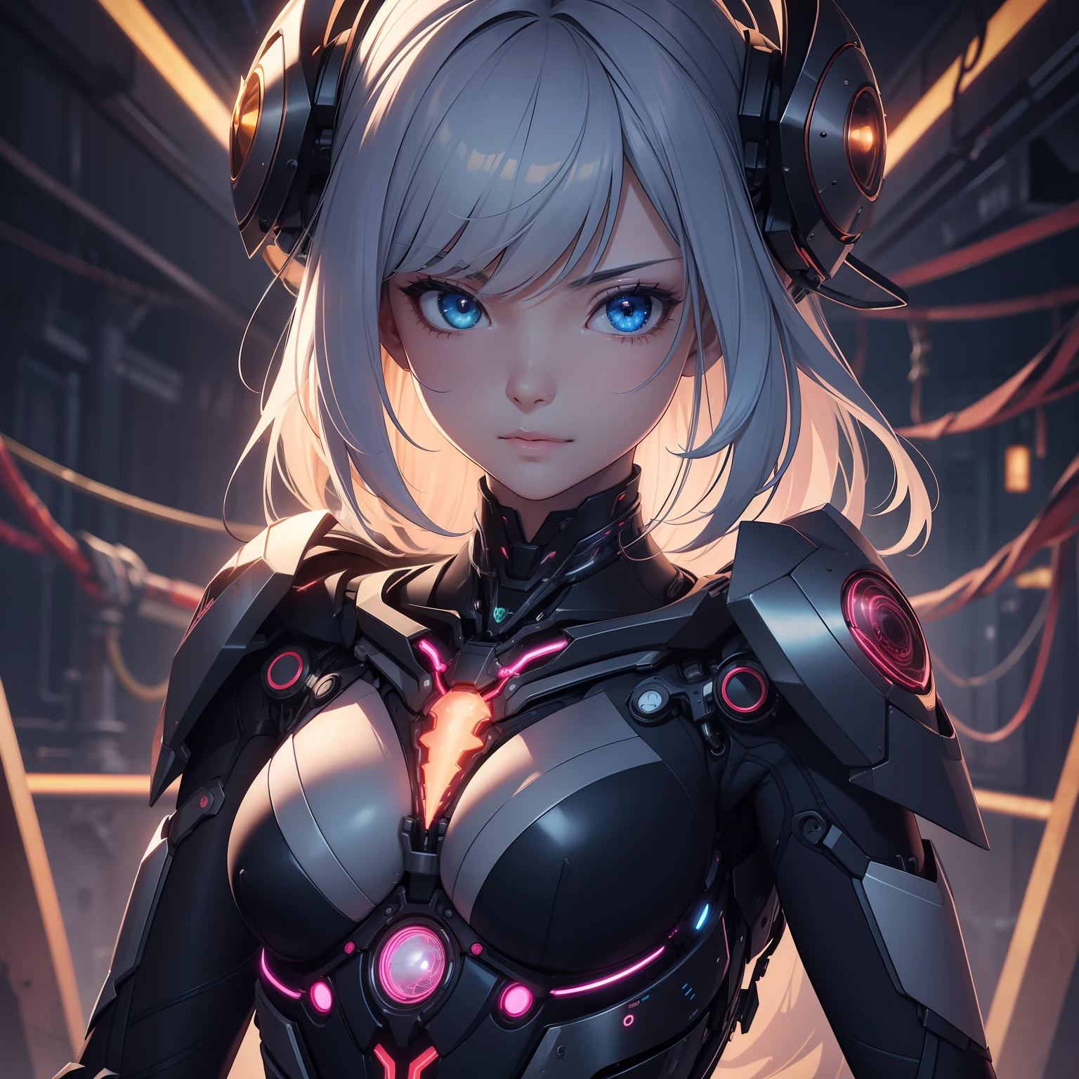 1 Mechanical Girl、((super realistic details))、globalillumination、Shadow、octan render、8K、ultrasharp、metals、Details of complex ornaments、cold color、highly intricate detail、Realistic light、CGSoation Trends、radiant eyes、neon details、Mechanical limbs、blood vessels connected to tubes、Mechanical vertebrae attached to the back、mechanical cervical attaching to neck、full bodyesbian、Wires and cables connecting to the head、Fighting