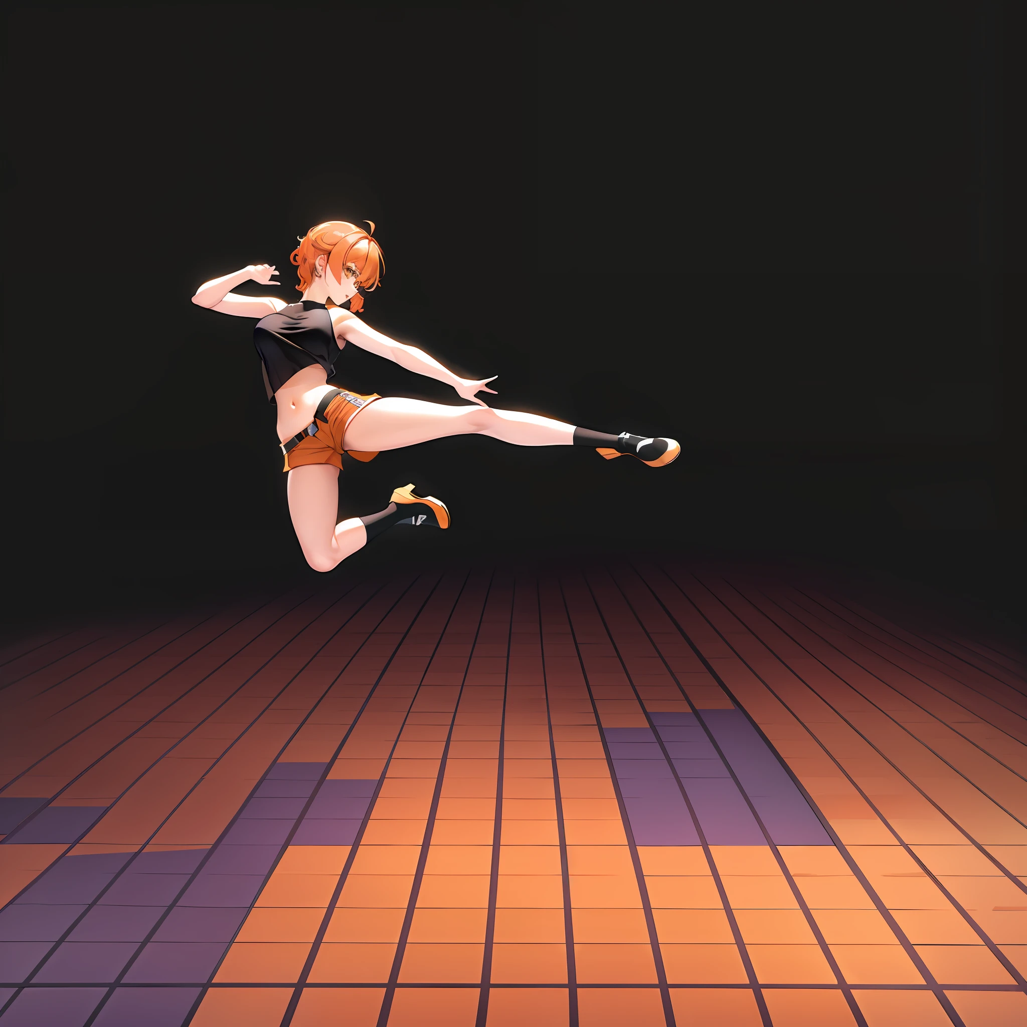 ((Best quality)), ((masterpiece)), ((highly intricate details)), beautiful, high quality, high resolution, absurd, light diffusion, intricate details, intricate details, ((anime)), (anime:1.2) , (perfect face: 1.3), colorful, more detailed, vibrant colors, high contrast, (8K UHD: 1.2), (photorealistic: 1.2), (masterpiece: 1.4), (best quality: 1.4) ), extremely detailed wallpaper, highly detailed illustrations, (super complex detail), unified 4K, (super detailed CG: 1.2), (8K: 1.2), (original), (masterpiece), (best quality), (reality : 1.3), photorealistic, Octane rendering, (surreal: 1.2) ,((masterpiece:1.4, best quality:1.2)),1girl, huge breasts, tiled surface, running pose, anime girl running, MOCAP, pose of dynamic movement, full body with dynamic pose, character animation, character animation, dynamic active running pose, realistic dynamic pose, character pose, Character is standing, animation model, she is dancing. realistic, character is in his natural pose, dark skin, black belly shirt, orange curly hair, ((small orange shorts)), yellow eyes, white high boots, ((night)), simple background, dark black background