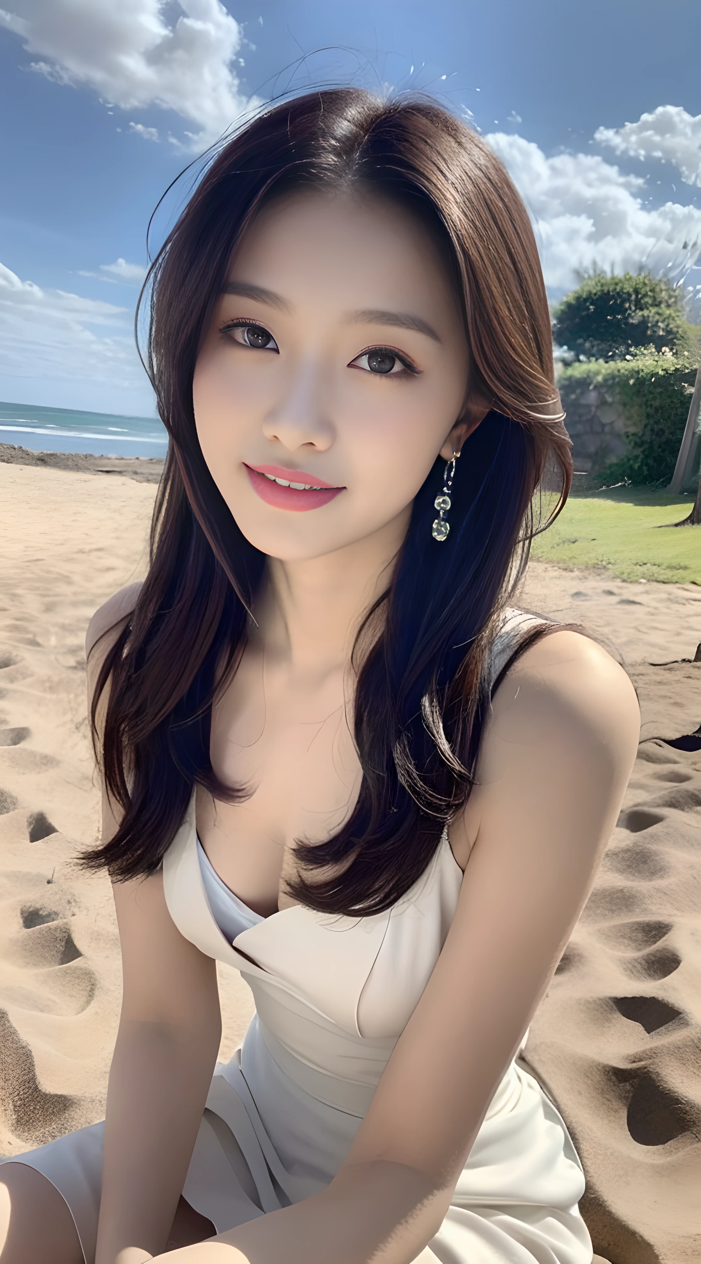 a young, Beautiful cute girl,Full body photo,Extremely beautiful and delicate,Black color hair,A sweet smile,Delicate and beautiful fair skin,Realistic and realistic,exquisite and complete facial features,Detailed depiction of the face,tall nose bridge,Smooth hair,extremely detail hair,Feminine temperament,Tall and tall,Thin,Realiy,White teeth,Hyper-realism,sandals,full body shot shot,Forward tilt angle,Extreme picture quality,Highest precision,Precise and perfect human anatomy。with blue sky and white clouds,Sitting on the Steppe,with blue sky and white clouds,rays of sunshine,Cows, sheeps, (White chiffon skirt)(telephoto shot,)Express the landscape,Highlight portrait。Wear earrings on the beach by the sea