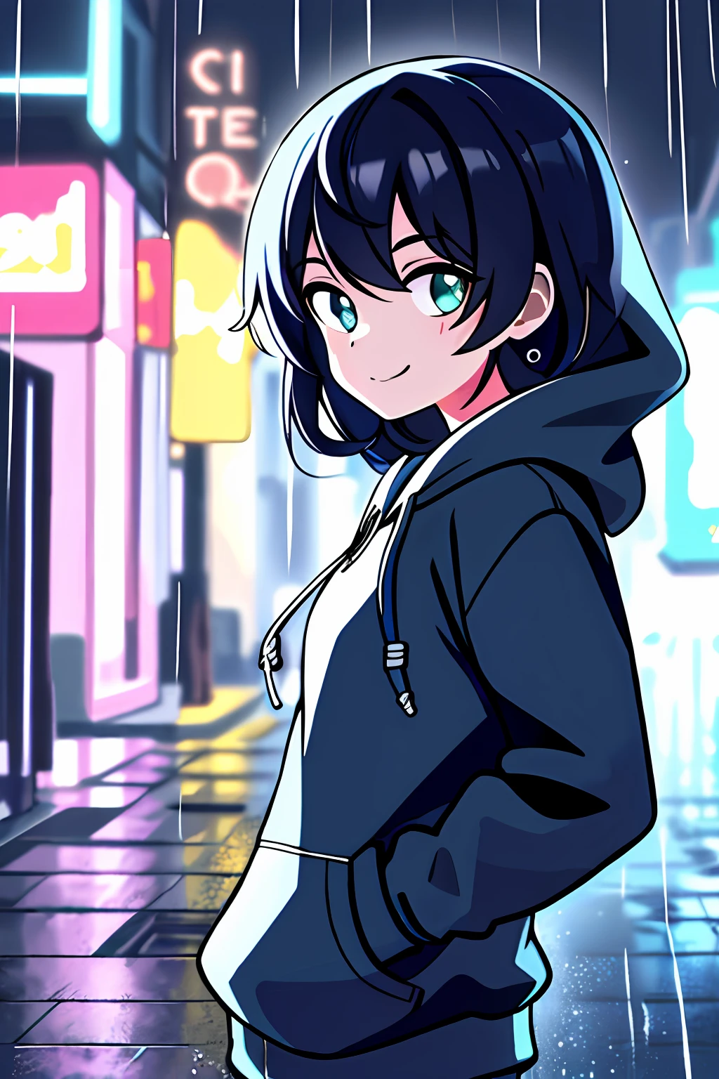 Masterpiece,1girll,Solo,unbelievable Ridiculous,Hoodie,Earphone, street,Outdoors,rain,Neon lights, Light smile, Hood up, Hands in pockets, looks away, From the side Side