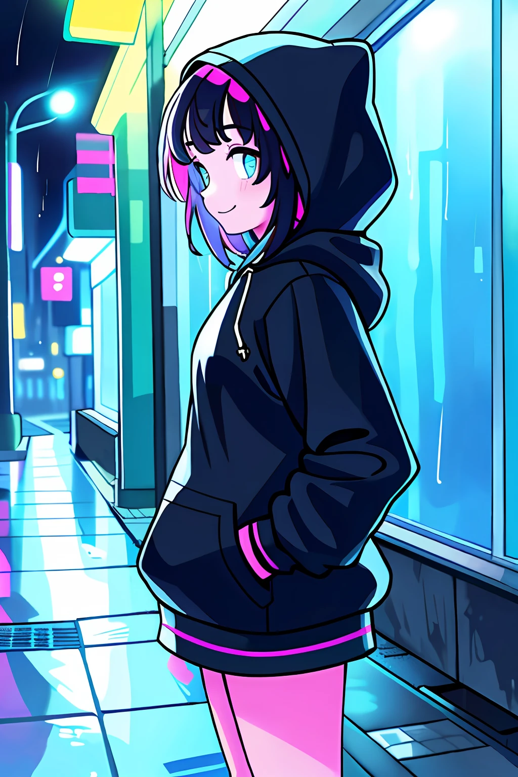 Masterpiece,1girll,Solo,unbelievable Ridiculous,Hoodie,Earphone, street,Outdoors,rain,Neon lights, Light smile, Hood up, Hands in pockets, looks away, From the side Side