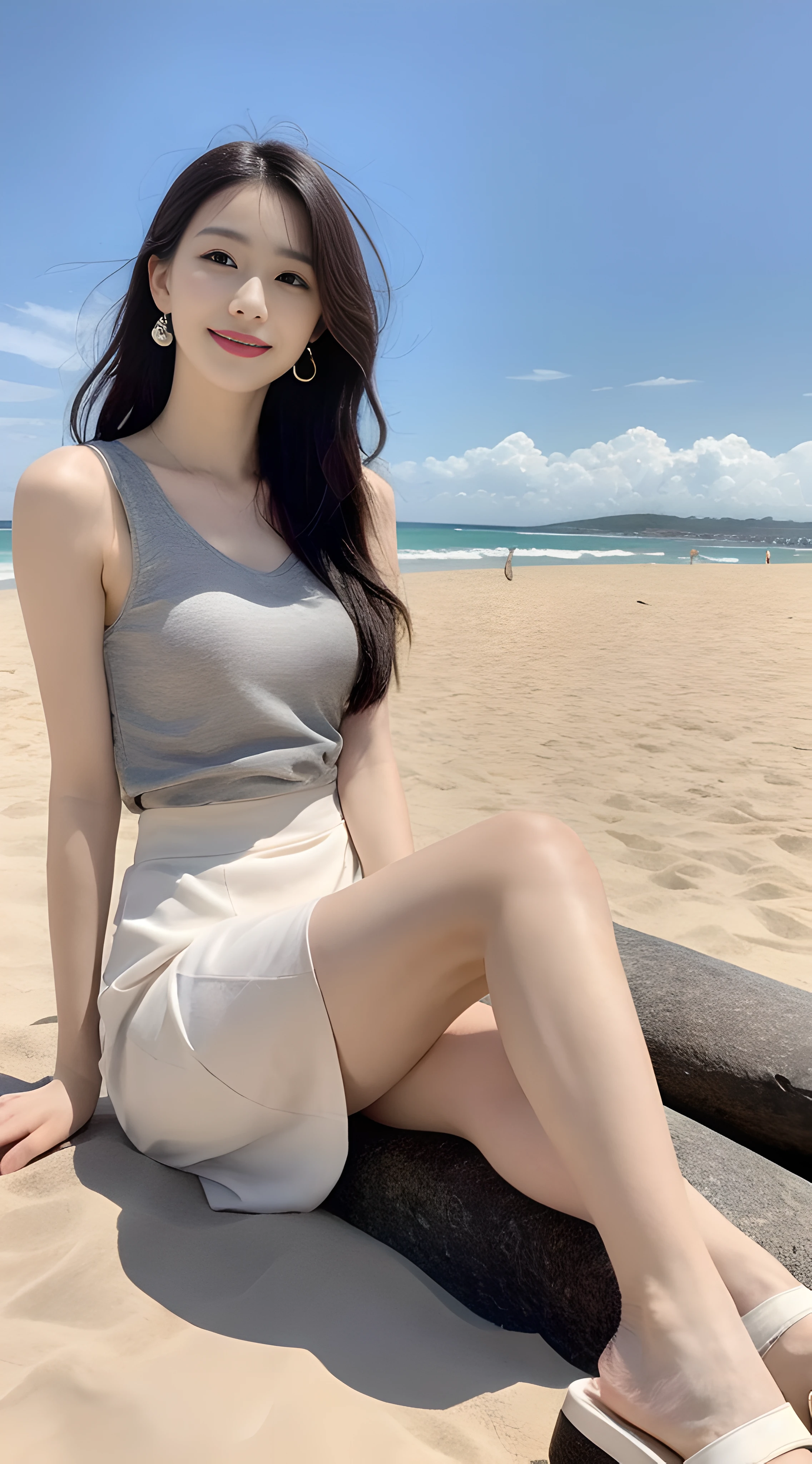 a young, Beautiful cute girl，Full body photo，Extremely beautiful and delicate，Black color hair，A sweet smile，Delicate and beautiful fair skin，Realistic and realistic，exquisite and complete facial features，Detailed depiction of the face，tall nose bridge，Smooth hair，extremely detail hair，Feminine temperament，Tall and tall，Thin，Realiy，White teeth，Hyper-realism，sandals，full body shot shot，Forward tilt angle,Extreme picture quality,Highest precision,Precise and perfect human anatomy。with blue sky and white clouds，Sitting on the Steppe，with blue sky and white clouds，rays of sunshine，Cows, sheeps, (White chiffon skirt)（telephoto shot，）Express the landscape，Highlight portrait。Wear earrings on the beach by the sea