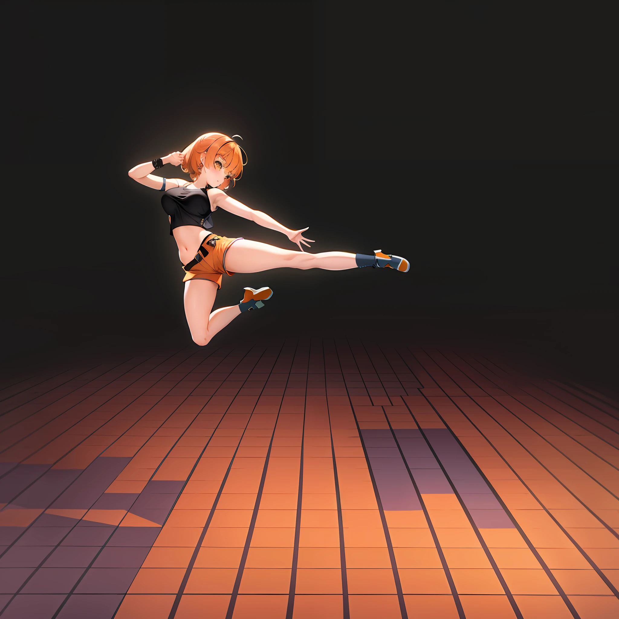 ((Best quality)), ((masterpiece)), ((highly intricate details)), beautiful, high quality, high resolution, absurd, light diffusion, intricate details, intricate details, ((anime)), (anime:1.2) , (perfect face: 1.3), colorful, more detailed, vibrant colors, high contrast, (8K UHD: 1.2), (photorealistic: 1.2), (masterpiece: 1.4), (best quality: 1.4) ), extremely detailed wallpaper, highly detailed illustrations, (super complex detail), unified 4K, (super detailed CG: 1.2), (8K: 1.2), (original), (masterpiece), (best quality), (reality : 1.3), photorealistic, Octane rendering, (surreal: 1.2) ,((masterpiece:1.4, best quality:1.2)),1girl, huge breasts, tiled surface, running pose, anime girl running, MOCAP, pose of dynamic movement, full body with dynamic pose, character animation, character animation, dynamic active running pose, realistic dynamic pose, character pose, Character is standing, animation model, she is dancing. realistic, character is in his natural pose, dark skin, black belly shirt, orange curly hair, ((small orange shorts)), yellow eyes, white high boots, ((night)), simple background, dark black background