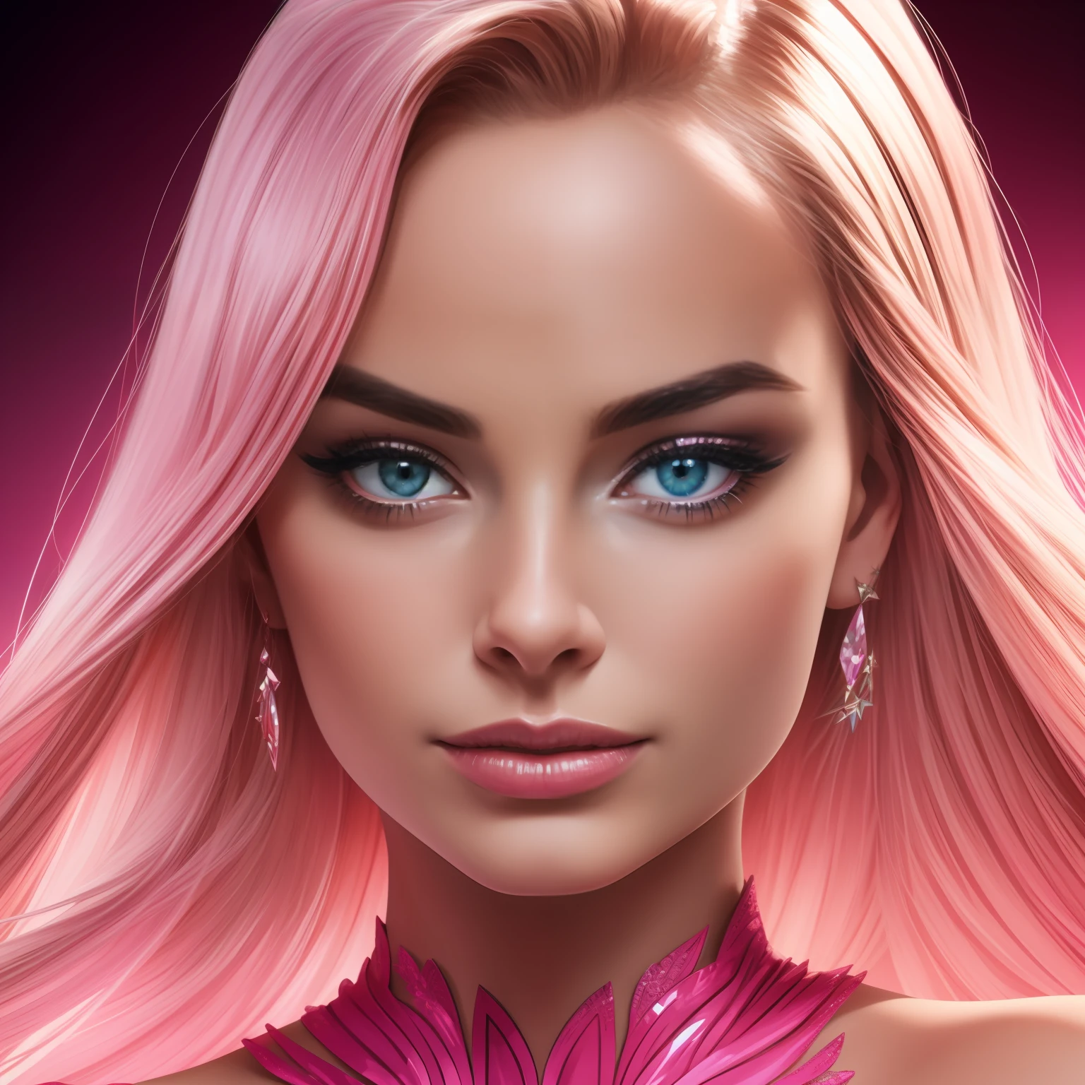 masterpiece, best quality, Margot Robbie as Barbie, sexy pink dress, Highly Detailed, Detailed Face, main dancefloor pink background, beautiful face, fully defined and symmetrical face, digital art, cinematic poster, luminism, extreme detail, showing in 4k format, complex, epic, staged rendering of the character, super high quality model, HiRes render, 4k, 8k