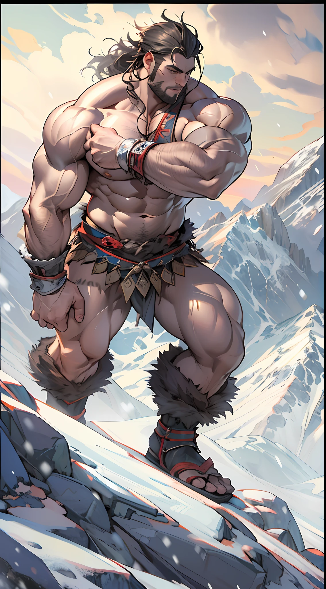 Mighty warrior, shirtless upper body, legs exposed from thighs to feet, cascading long curls, detailed muscular physique, lifelike depiction, 4K resolution. Background: Snow-covered mountain peak,32k uhd, best quality, masterpiece, super detail, high details
