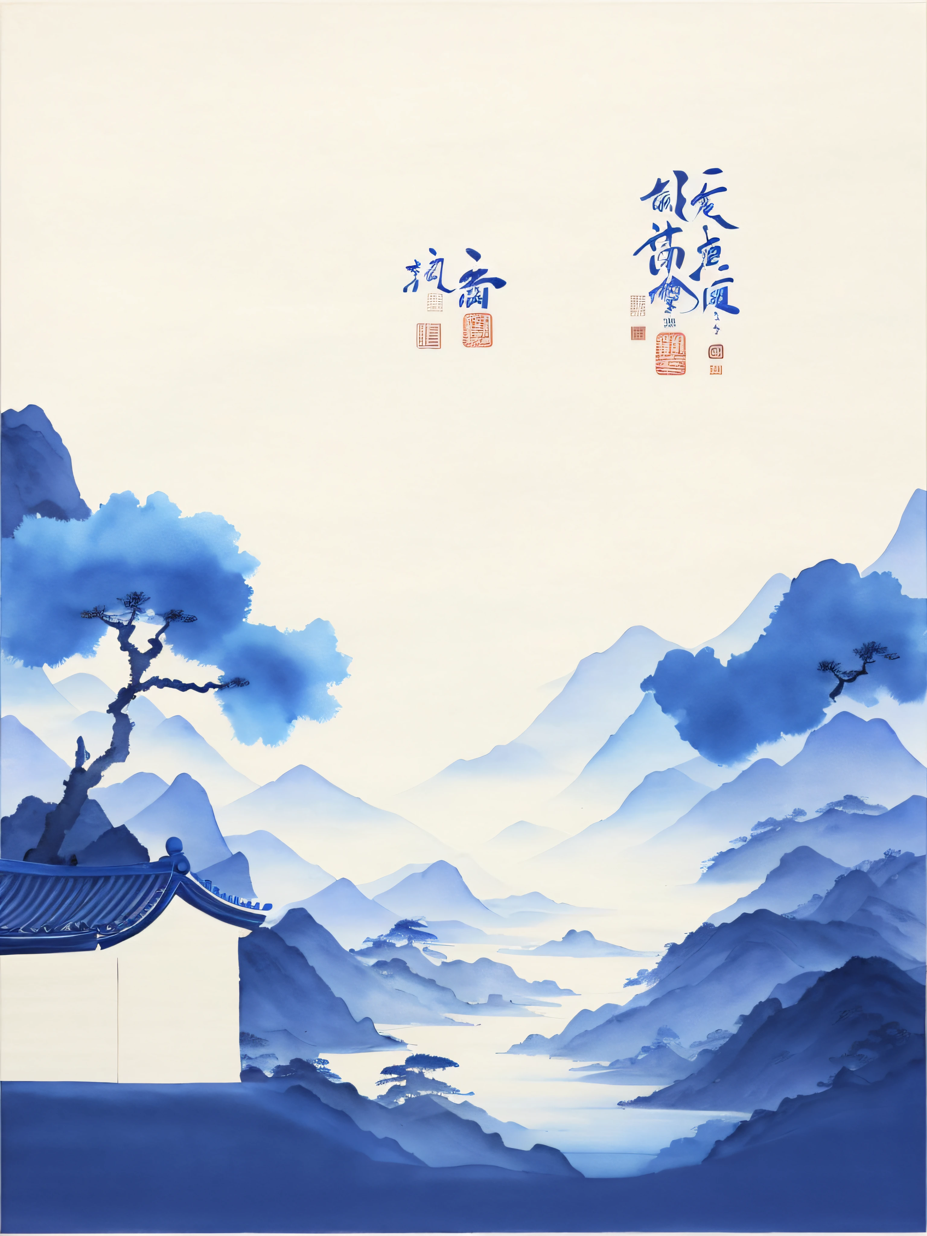 There is a blue and white painting of a mountainous landscape, Chinese watercolor style, ink and watercolor painting,Smudge,Artistic cover, Middle Metaverse, Chinese painting style,