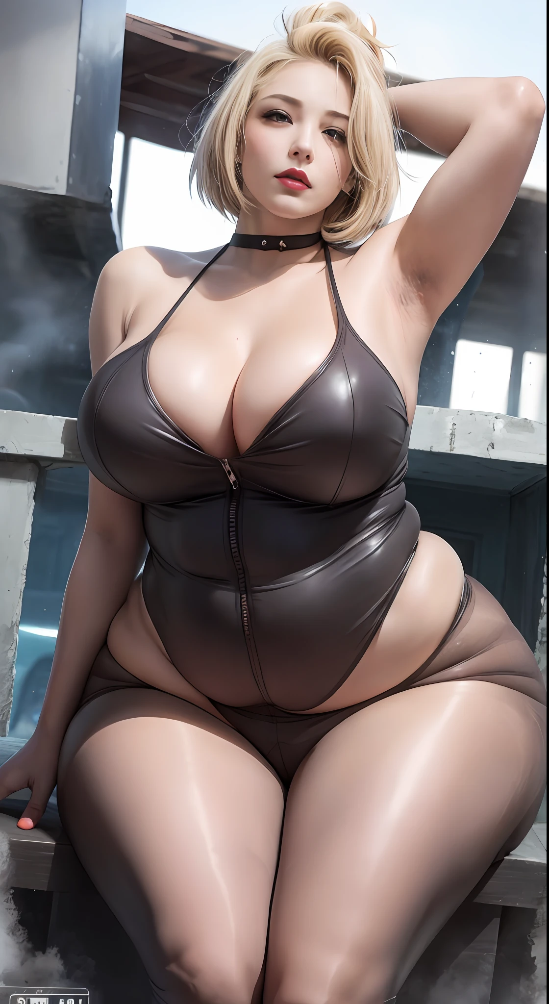 (RAW photo, Realism: 1.8),（full bodyesbian：1.2， mature pretty woman，tmasterpiece，best qualtiy，ultra - detailed，illustratio，Fine and detailed eyes and detailed face）garments：Flesh-colored pantyhose，Wet skinny white shirt，Vera， allure：Long neat blonde hair，Natural makeup，（Purple eye：1.05），dark lipstick，Wide buttock，gigantic cleavage breasts，seductiv，perfect hourglass figure，gigantic hip，fleshy feeling，facing away from the audience，Hands up，curvy build，Raised sexy，full bodyesbian，（a matural female，A MILF：1.1），独奏，（curves：1.1），huge tit，big assa，thick thight，blonde goddess， Pool background，Sit with your back，drenched all over the body，sweat leggs