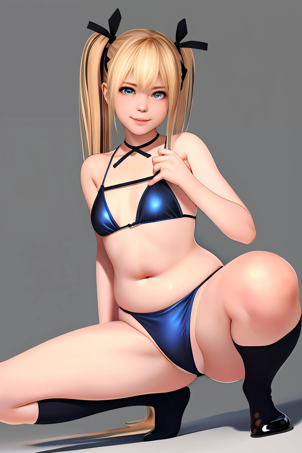 Best Quality, 8K Quality, High Quality, Detailed Images, 1 Girl, Solo, Full Body Marie Rose, Smile, Embarrassing, Blushing, Small Plump Breasts, (Protrusion of the Tip of the Chest), (Slender Body)), (Shiny Metallic), (Micro bikini with a small area of dark blue cloth)), (Strongly tucked into the crotch), (Squatting Horseman))), (Open your legs wide))), Protrude your hips forward, (( Black high socks)), brown loafers, staring at the viewer, facing the viewer with the front of the body, (legs open to the viewer), white thighs, stone hallway, professional lighting, shot from the front