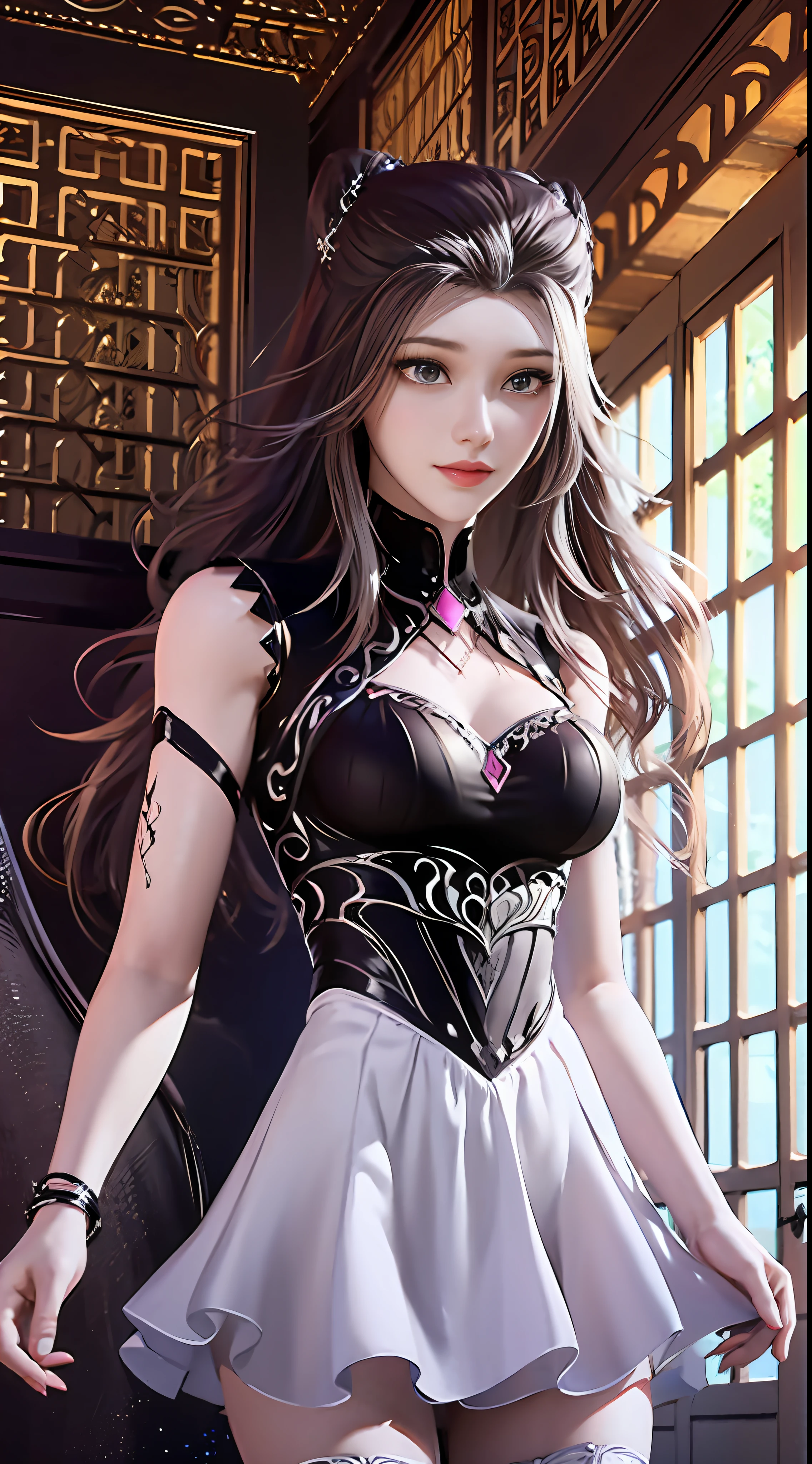 （（Dark light，top-quality，8K，tmasterpiece：1.3）），（focal：1.2），（In China，Casual theme，inside in room：1.5），（Beauty with slender abs：1.4），（（Layered Hair Style）），（（White color blouse：1.6）），（Short white lace skirt：1.3）， Highly Detailed Face and Skin Textur， Whitens the skin， （full bodyesbian：1.4），white  clothes，Safety，water elemental，Perfect body proportion，Epic composition，