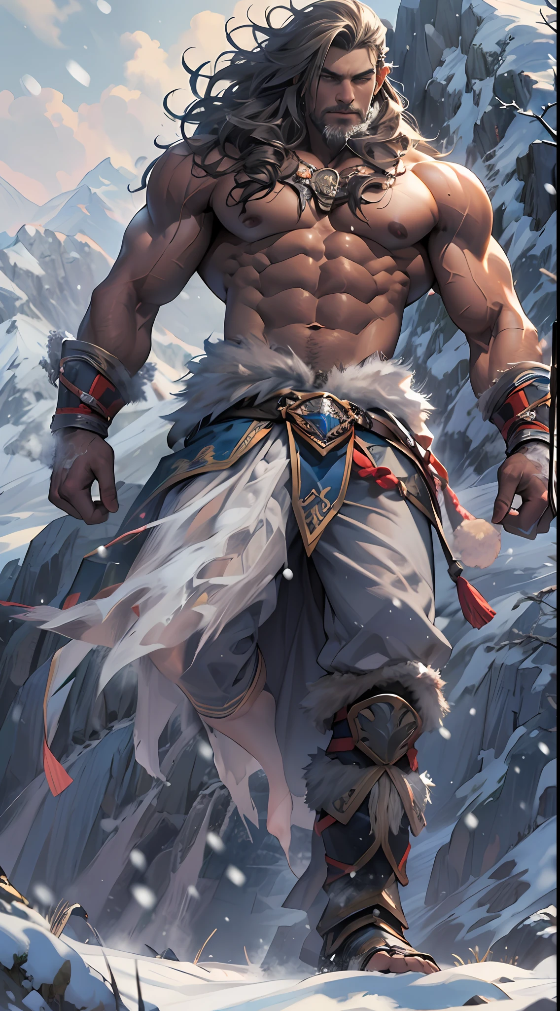 Mighty warrior, shirtless upper body, legs exposed from thighs to feet, cascading long curls, detailed muscular physique, lifelike depiction, 4K resolution. Background: Snow-covered mountain peak,32k uhd, best quality, masterpiece, super detail, high details