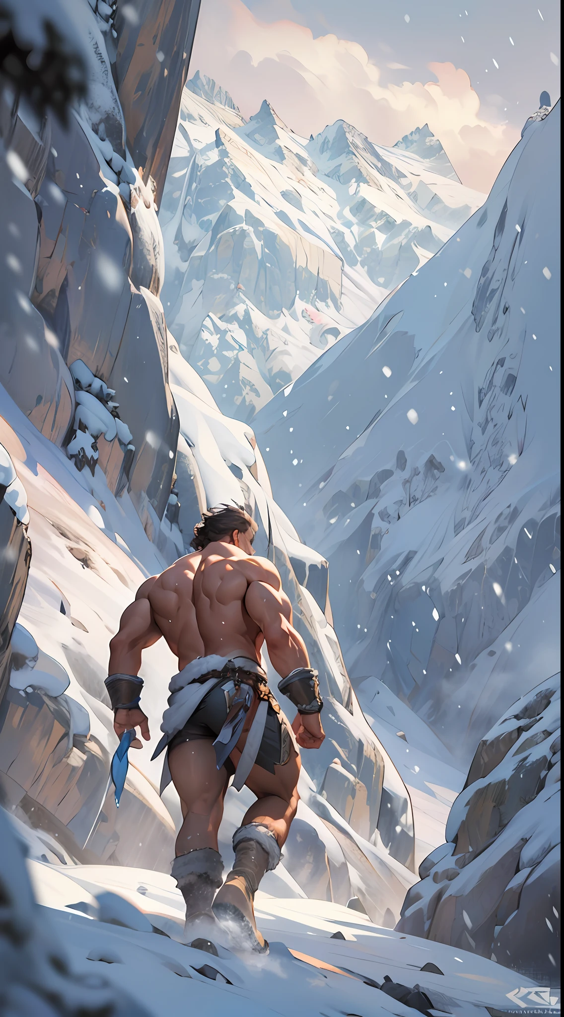 Mighty warrior, shirtless upper body, legs exposed from thighs to feet, cascading long curls, detailed muscular physique, lifelike depiction, 4K resolution. Background: Snow-covered mountain peak,32k uhd, best quality, masterpiece, super detail, high details