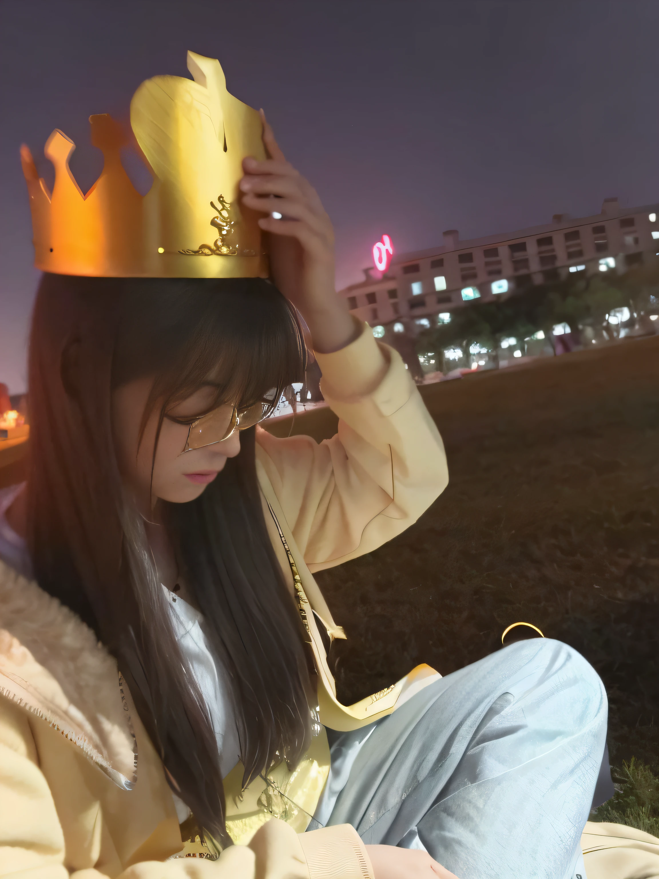 sat on the ground,Woman with a yellow hat on her head, wearing crown, wearing huge golden crown, floating crown, wearing a paper crown, with crown, Wearing a crown, Crown on head, With a crown, Wearing a golden crown, wearing gold crown, in a crown, the crown is very high, with a gold crown, queen crown on top of her head