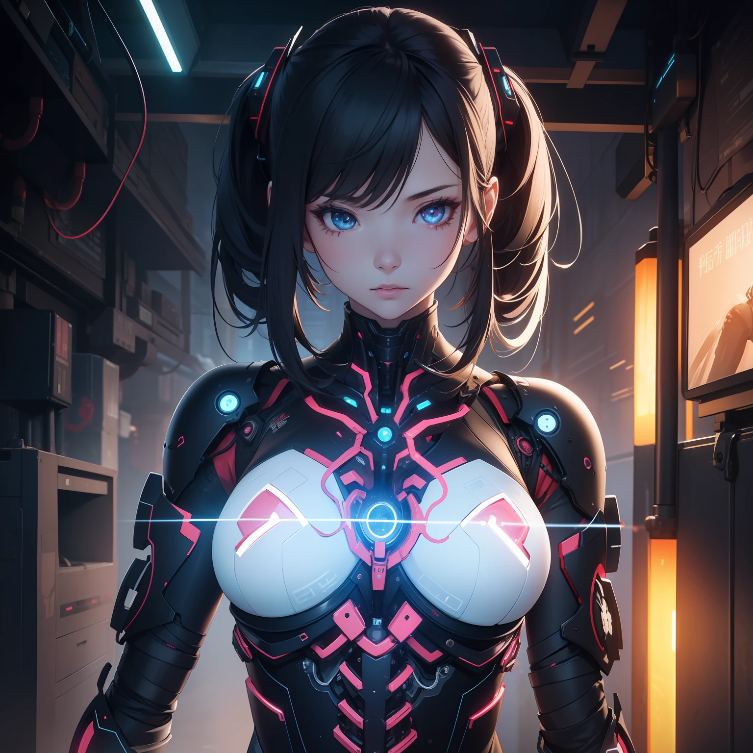 1 Mechanical Girl、((super realistic details))、portlate、globalillumination、Shadow、octan render、8K、ultrasharp、metals、Details of complex ornaments、cold color、highly intricate detail、Realistic light、CGSoation Trends、radiant eyes、neon details、Mechanical limbs、blood vessels connected to tubes、Mechanical vertebrae attached to the back、mechanical cervical attaching to neck、full bodyesbian、Wires and cables connecting to the head