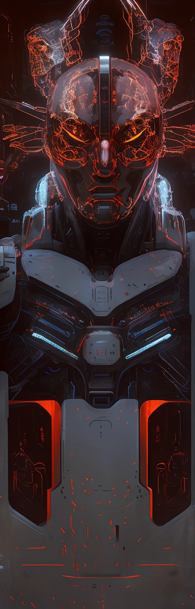 Futuristic close-up portrait of mecha under red light,Symmetrical science fiction art illustration,Portrait of a cyborg,detailed digital concept art,Works by Ludvik Konazhevsky Jr