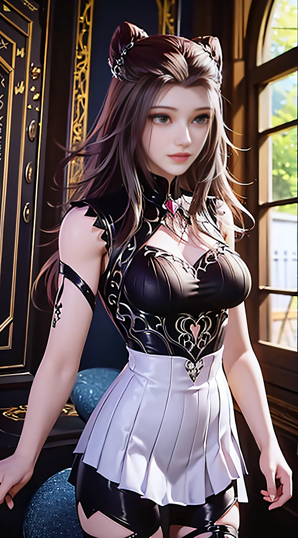 （（Dark light，top-quality，8K，tmasterpiece：1.3）），（focal：1.2），（In China，Casual theme，inside in room：1.5），（Beauty with slender abs：1.4），（（Layered Hair Style）），（（White color blouse：1.6）），（Short white lace skirt：1.3）， Highly Detailed Face and Skin Textur， Whitens the skin， （full bodyesbian：1.4），white  clothes，Safety，water elemental，Perfect body proportion，Epic composition，