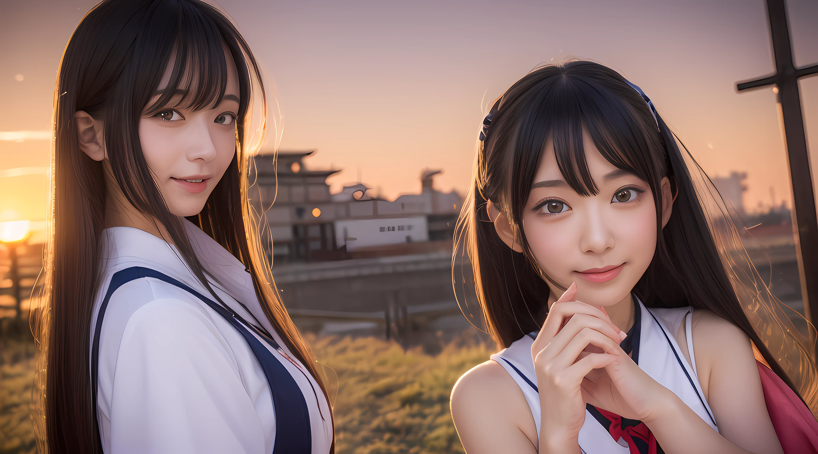 Anime character taking photo in front of the sunset, Onmyoji, anime cover, anime goddess, visual novel cg, official artwork, ikki tousen, kantai collection arcade, High school dxd, xianxia hero, sengoku era, characters from azur lane, onmyoji detailed art, popular isekai anime, Light Novel Cover Art, （（best qualtiy，8K，tmasterpiece：1.3））， 1girll， ssmile， full body Esbian， Slim Faces， Beautiful woman，  Erotic underwear：1.1， Super Detailed Face， Detailed eyes， 二重まぶた， blur backgroun， Slim Faces， 城市， takeout， the street，Colossal tits，blush，