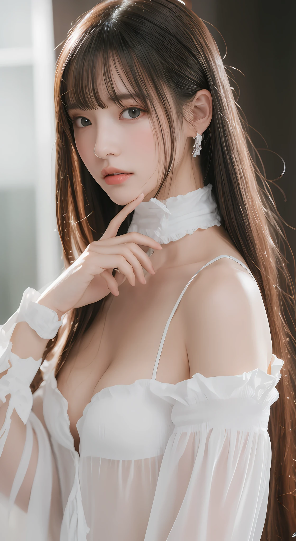 perfect figure beautiful woman：1.4，Layered Hair Style，Protruding cleavage，Two-dimensional clothing：1.5，Highly Detailed Face and Skin Textur，二重まぶた，Whiten the skin，long whitr hair，playing water，Collar