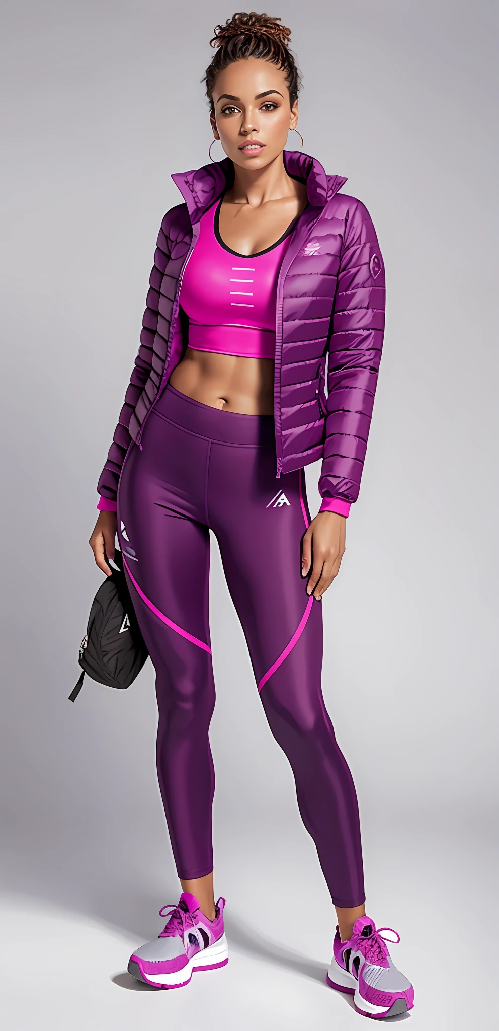 mulher em uma jaqueta esportiva roxa e saia posando para uma foto, corpo bonito, corpo sexy, corpo liso, jaqueta de nylon roxo, Roupas roxo e rosa, Purple jacket, trekking wear, usando jaqueta e saia, roupas de nylon roxo, Foto completa do produto, Camisa Magenta, roupa roxa, in trekking coat, magenta, roupa feminina, pele fuschia, com dois bolsos frontais, fuchsia skin, Directed by: Lee Jeffries, RAW.