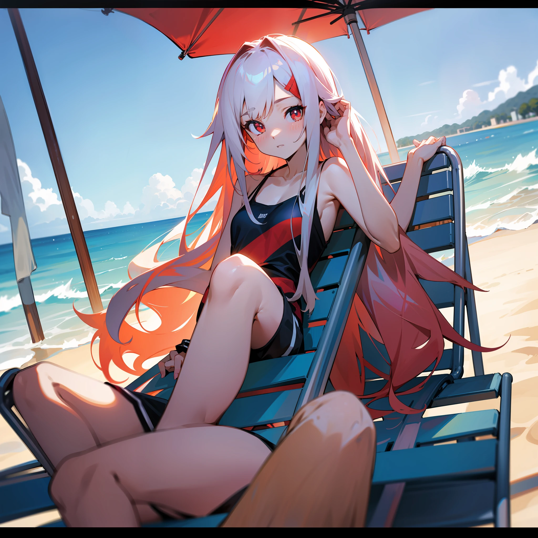 whaite hair,Red pupil,swim wears,beach chair,long whitr hair,hyper HD,tmasterpiece,high detal