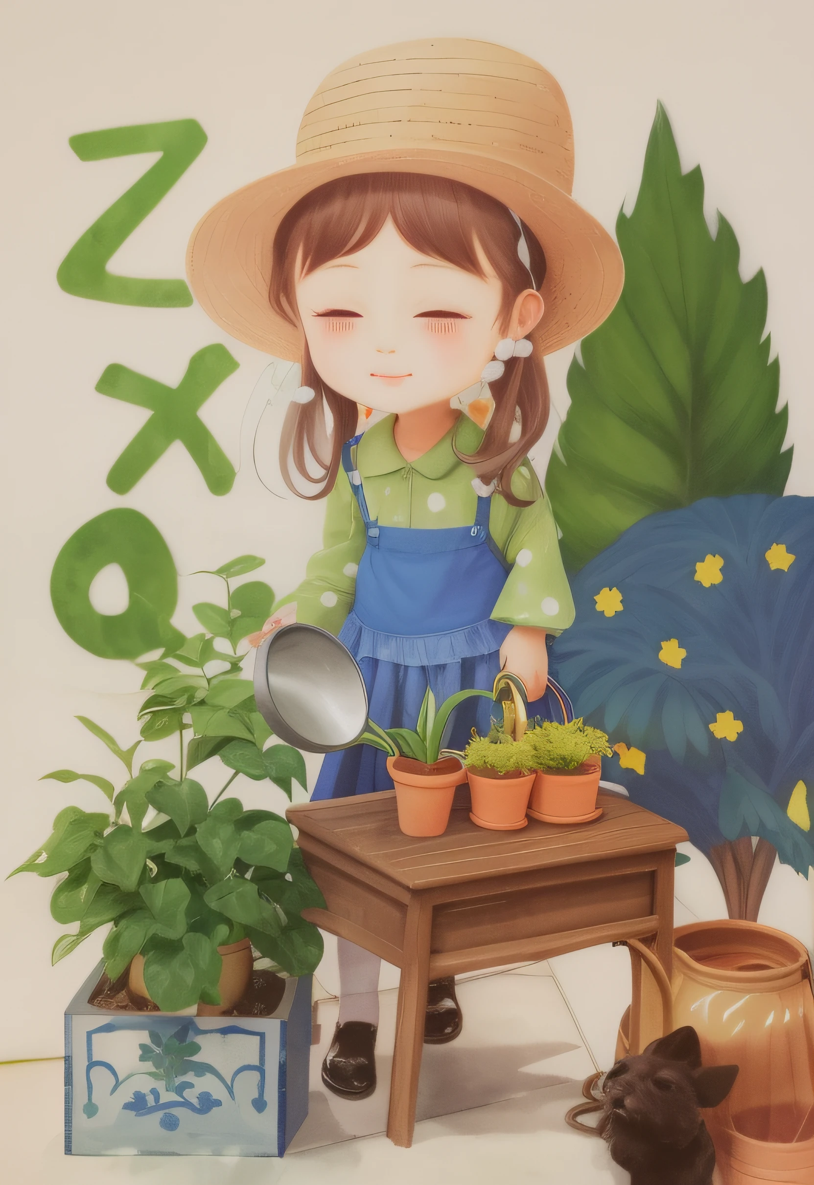 Draw a girl watering plants with a watering can, author:Rei Kamoi, author:Yuki Ogura, author:Yasutomo Oka, author:Uesaka Seka, colorful illustrations, author:Ruth Jen, author:Nobusada Yanagawa, inspired by Takehisa Yumeji, author:Yuko Tatoshima, official fanart, author:Mei Qing