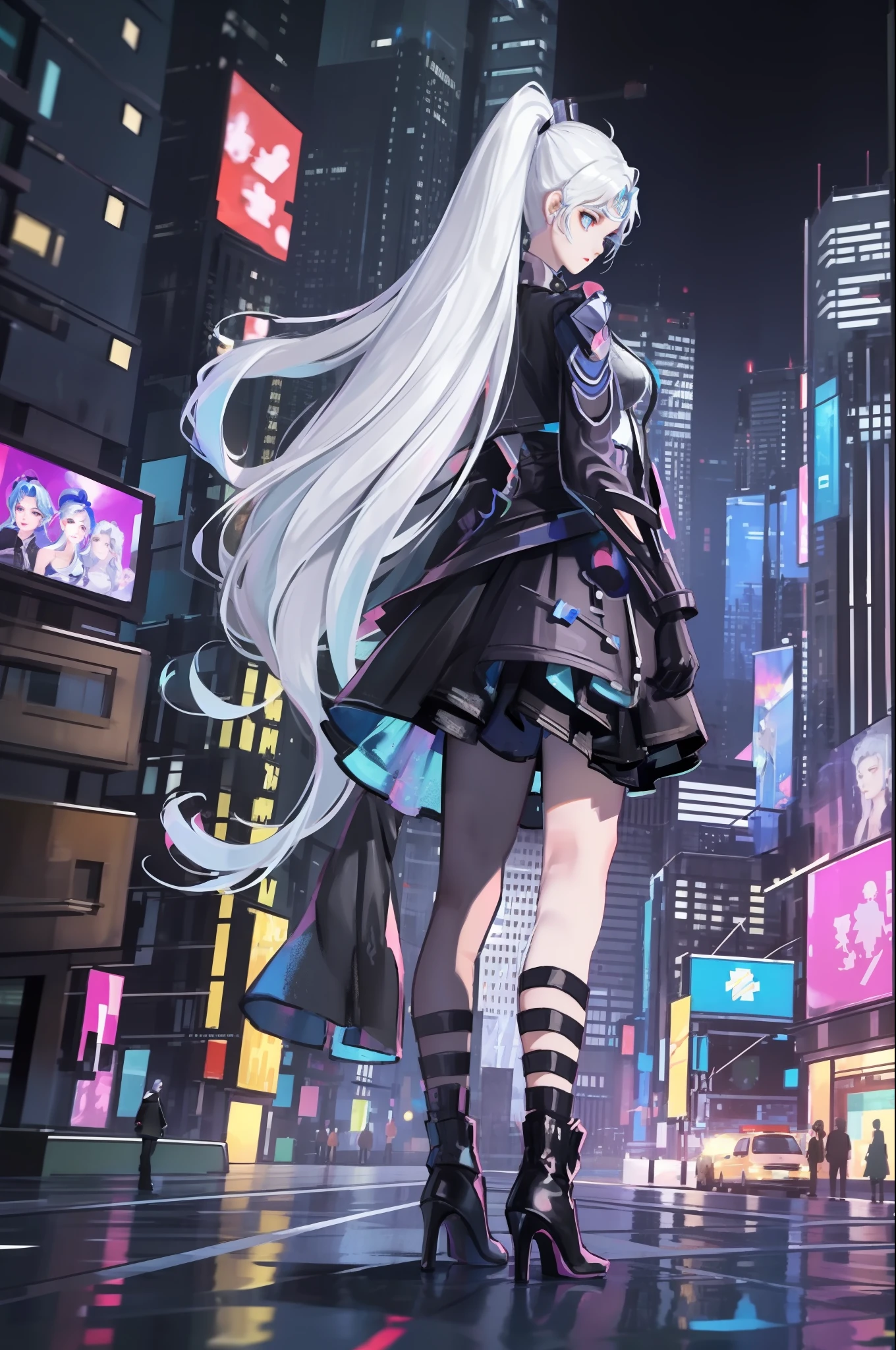 masterpiece, best quality, city, on roof, high,(((very long hair)))
mulan, long hair, 1girl, from behind, solo, high heels, night, building, city, full body, white hair, dress, cityscape, facing away, black footwear, black jacket, boots, jacket, gloves, standing
(3Drender,octane render,Dreamy,streampunk,fantasy,neon,perfect lighting,lightning,proportionate)