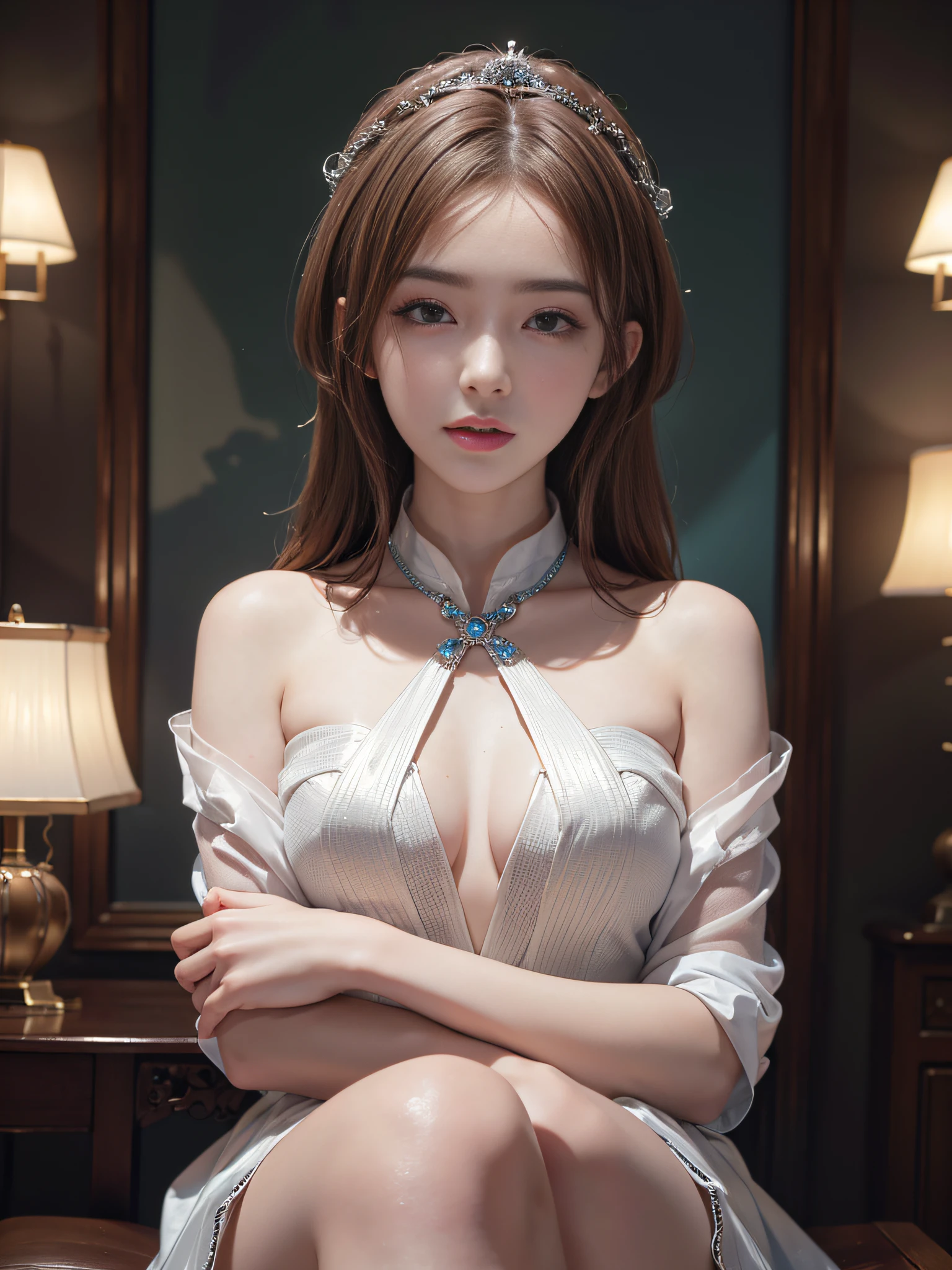 (8k, RAW photo, photorealistic:1.25) ,( lipgloss, eyelashes, gloss-face, glossy skin, best quality, ultra highres, depth of field, chromatic aberration, caustics, Broad lighting, natural shading, Kpop idol) looking at viewer with a serene and goddess-like happiness, sharp focus, masterpiece, absurdres, incredibly absurdres, best quality, lodress, 1girl, slim, expressionless, looking at viewer, detailed background, sitting, indoors, palace, luxury decorations, kpop idol
