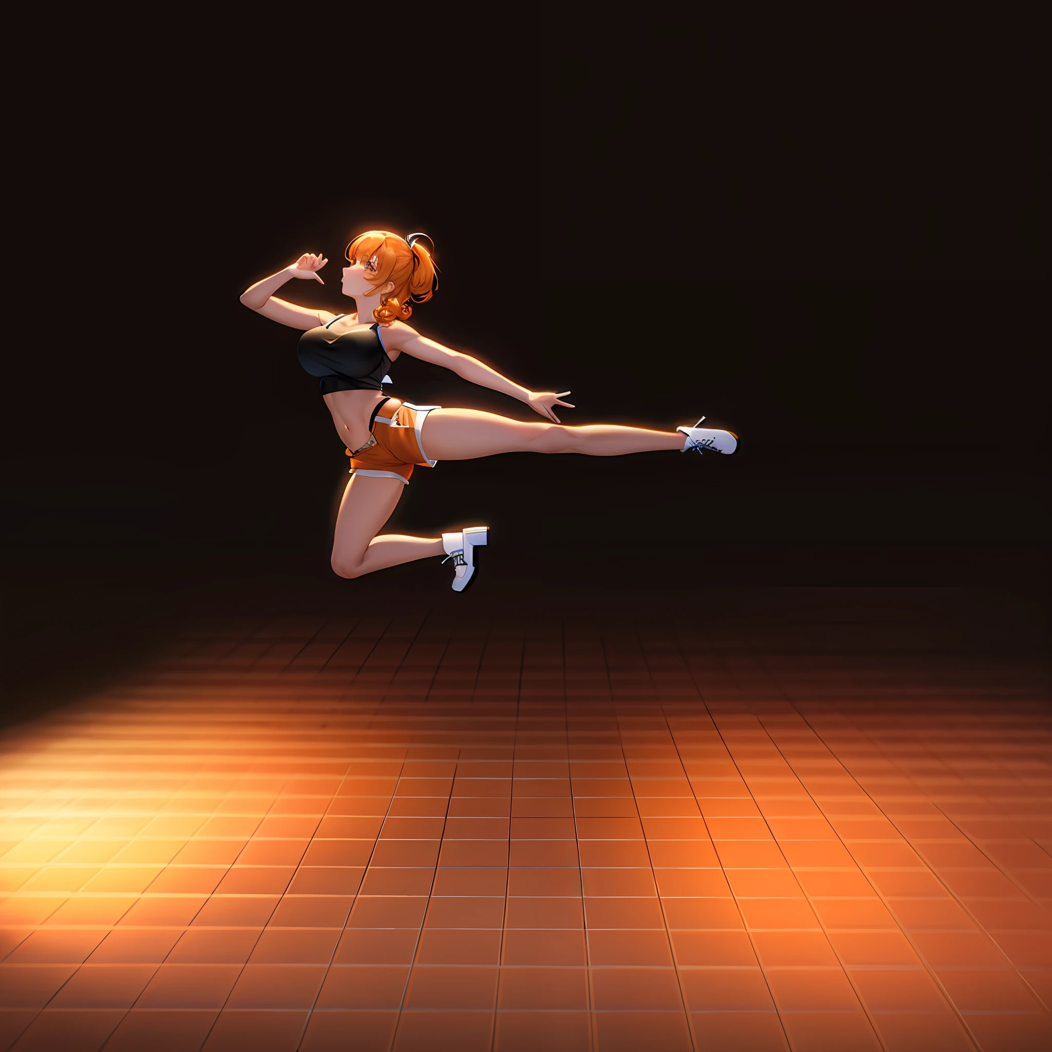 ((Best quality)), ((masterpiece)), ((highly intricate details)), beautiful, high quality, high resolution, absurd, light diffusion, intricate details, intricate details, ((anime)), (anime:1.2) , (perfect face: 1.3), colorful, more detailed, vibrant colors, high contrast, (8K UHD: 1.2), (photorealistic: 1.2), (masterpiece: 1.4), (best quality: 1.4) ), extremely detailed wallpaper, highly detailed illustrations, (super complex detail), unified 4K, (super detailed CG: 1.2), (8K: 1.2), (original), (masterpiece), (best quality), (reality : 1.3), photorealistic, Octane rendering, (surreal: 1.2) ,((masterpiece:1.4, best quality:1.2)),1girl, huge breasts, tiled surface, running pose, anime girl running, MOCAP, pose of dynamic movement, full body with dynamic pose, character animation, character animation, dynamic active running pose, realistic dynamic pose, character pose, Character is standing, animation model, she is dancing. realistic, character is in his natural pose, dark skin, black belly shirt, orange curly hair, ((small orange shorts)), yellow eyes, white high boots, ((night)), simple background, dark black background