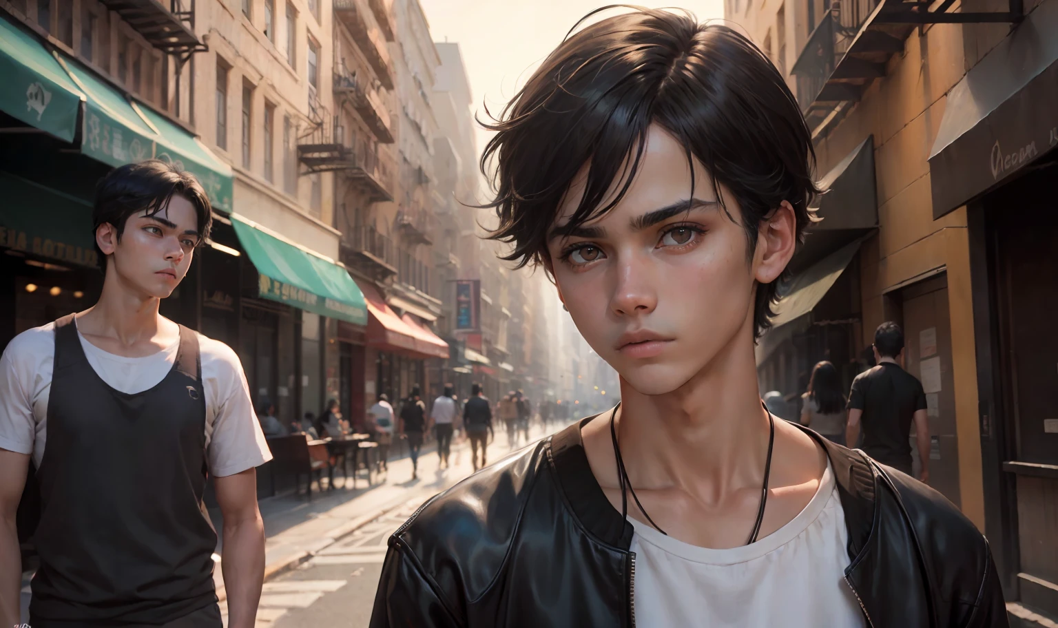((obra maestra)),(((La mejor calidad))), (alta calidad, impresionante),(ojos expresivos, Cara perfecta), Sad -yeld boith straight black hair, piel morena sin ropa, Walking lost through the streets of New York looking at someone else walking away