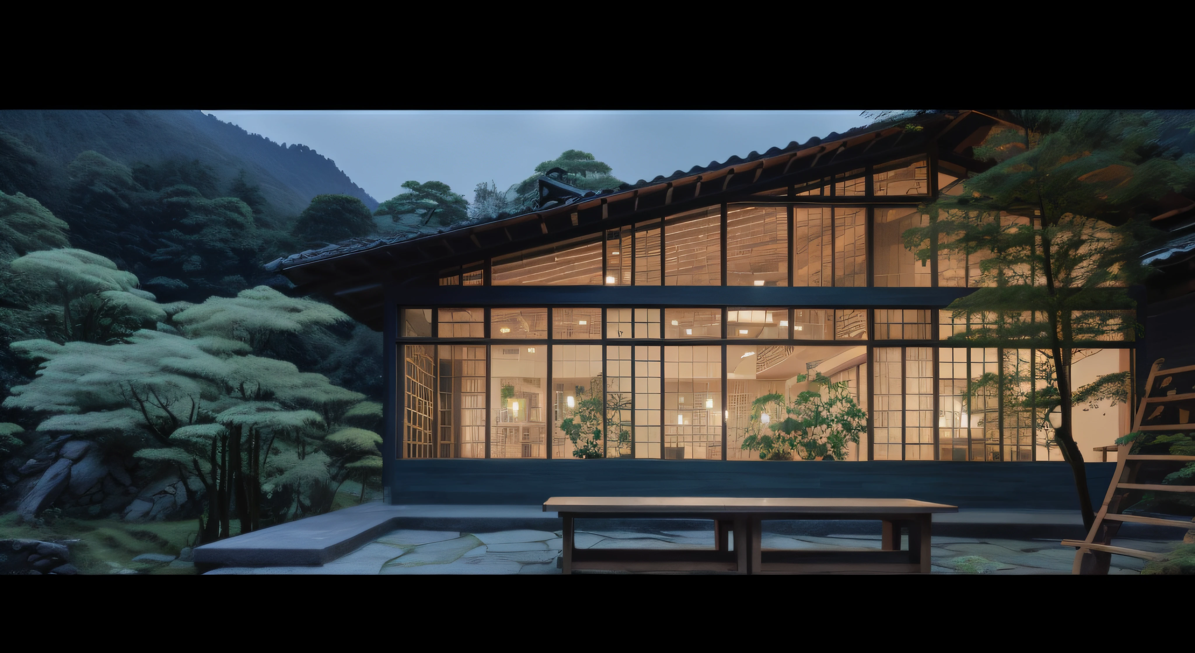 There is a table and bench in front of the building, inspired by Itō Jakuchū, inspired by Tōshi Yoshida, japanese glass house, high-end onsen, Japanese style houses, inspired by Gusukuma Seihō, inspired by Maruyama Ōkyo, inspired by Kaigetsudō Ando