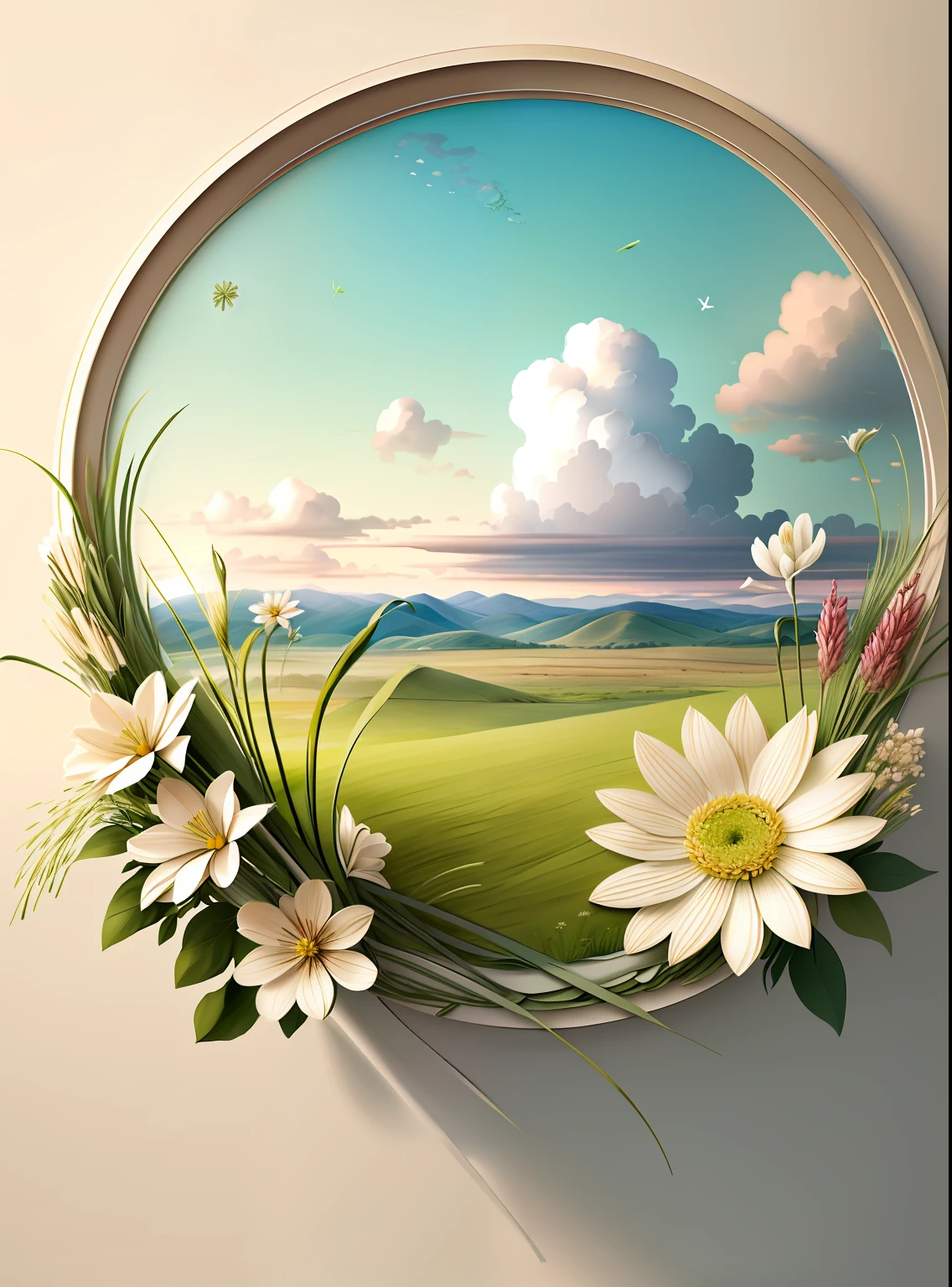 Pure sky，grassy fields，floral arrangements，Clouds，Big wind，Features earth tones and botanical motifs，Influenced by botanical illustrations or environmental art，softlighting,(warm color:1.15)，Master creation