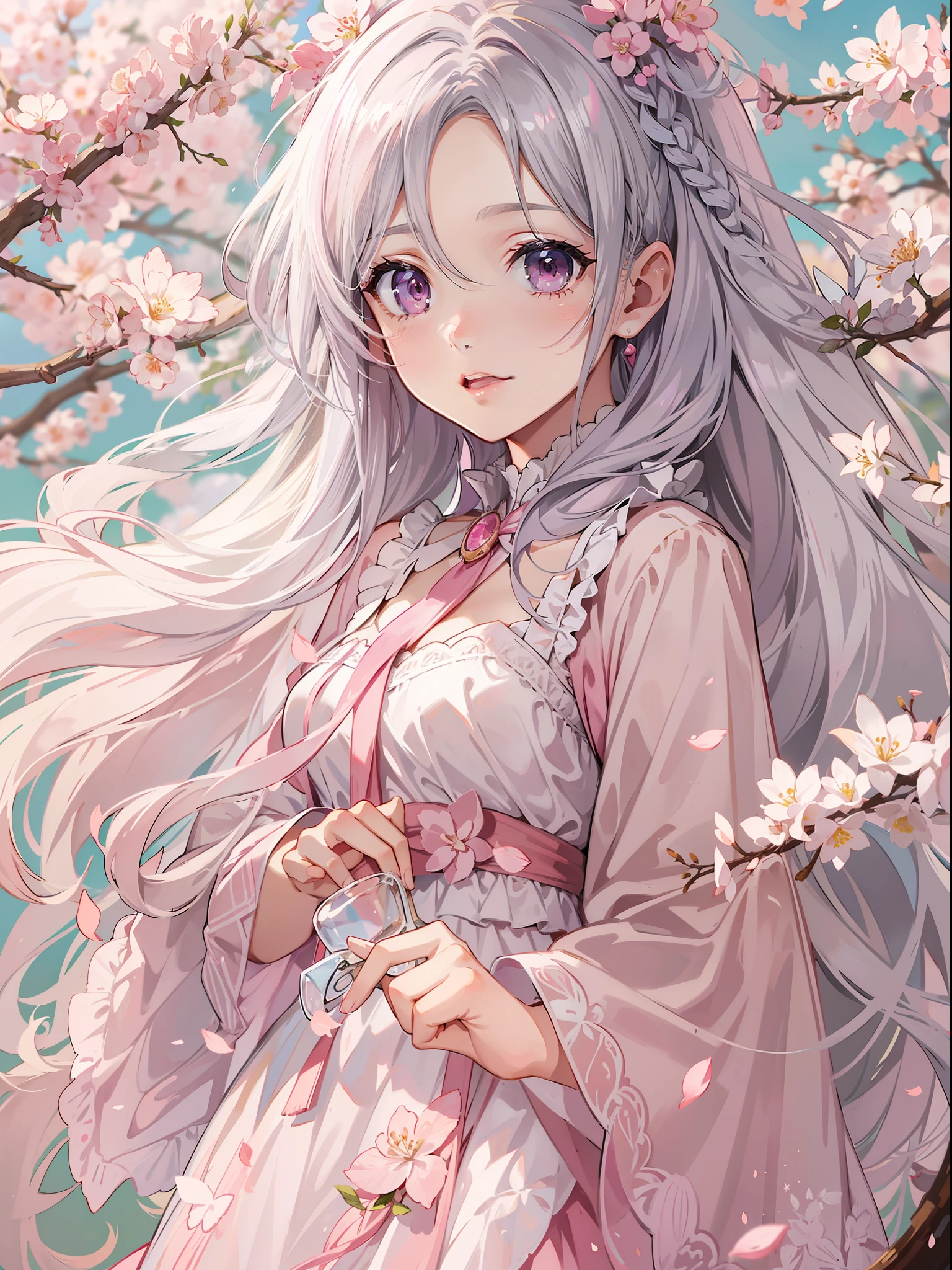teens girl,Pink gray hair,Pink eyes,peach blossom,Fairy air fluttering