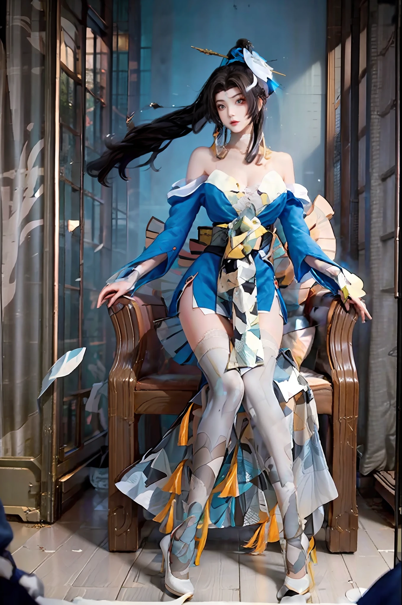 mai shiranui,1girll,独奏,brunette color hair,long whitr hair,whitethighhighs,a chair,high-heels,roleplaying,((The upper part of the body)),Young and beautiful,Tall and beautiful,Fair face,Perfect facial features,tall and beautiful,White skin of the,Good figure,4K,CG,
Holding a fan,Blue Themes,gameCG background,3Drenderingof,realisticlying,cinmatic lighting,Smooth fog,详细的脸,A faint smile,((((Japanese style architectural background))))