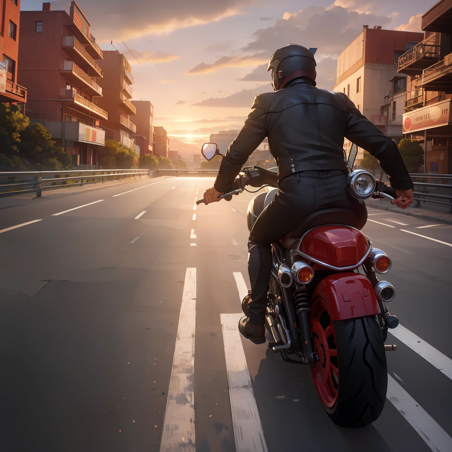Rear panoramic image: a black man riding a motorcycle on the road toward sunset