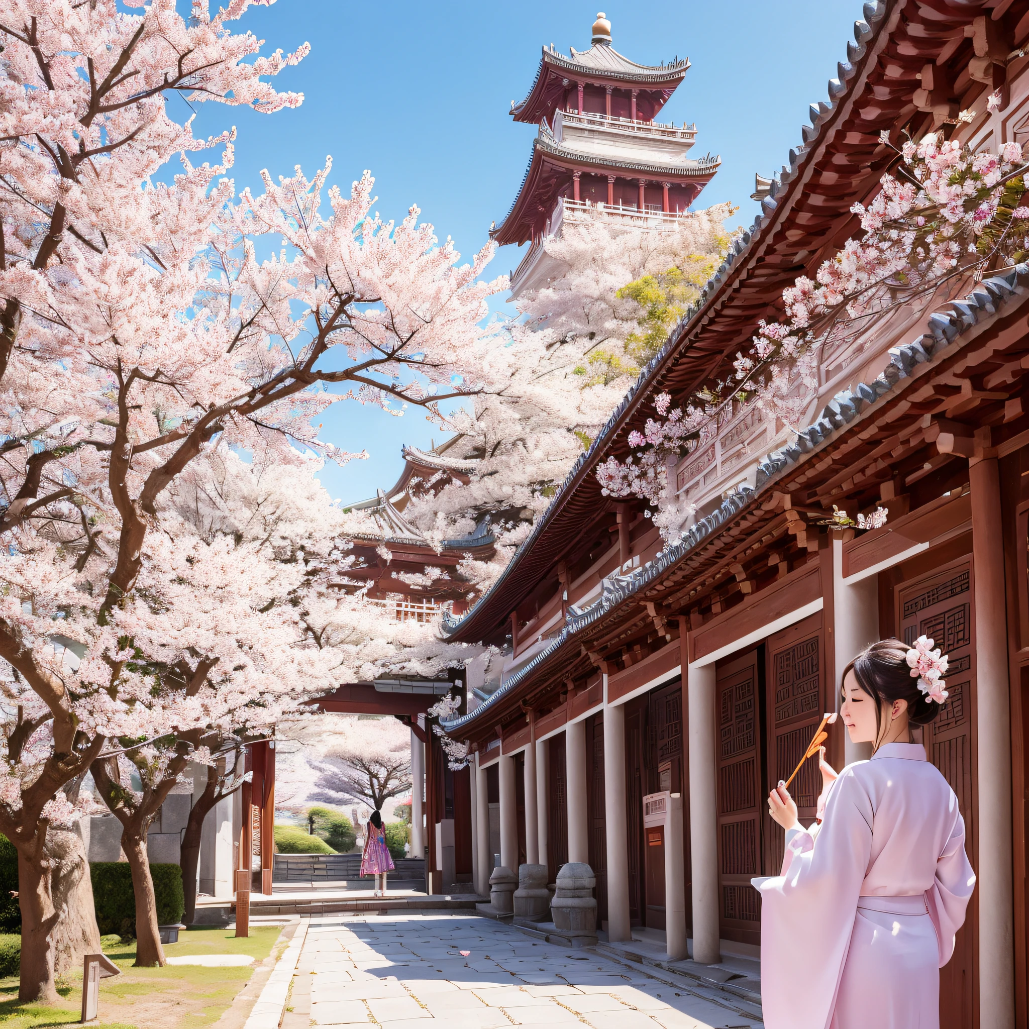Cherry blossom petals flutter in the wind next to the ancient tower,Inside the terrace, A woman in Chinese clothing strokes a pipa
