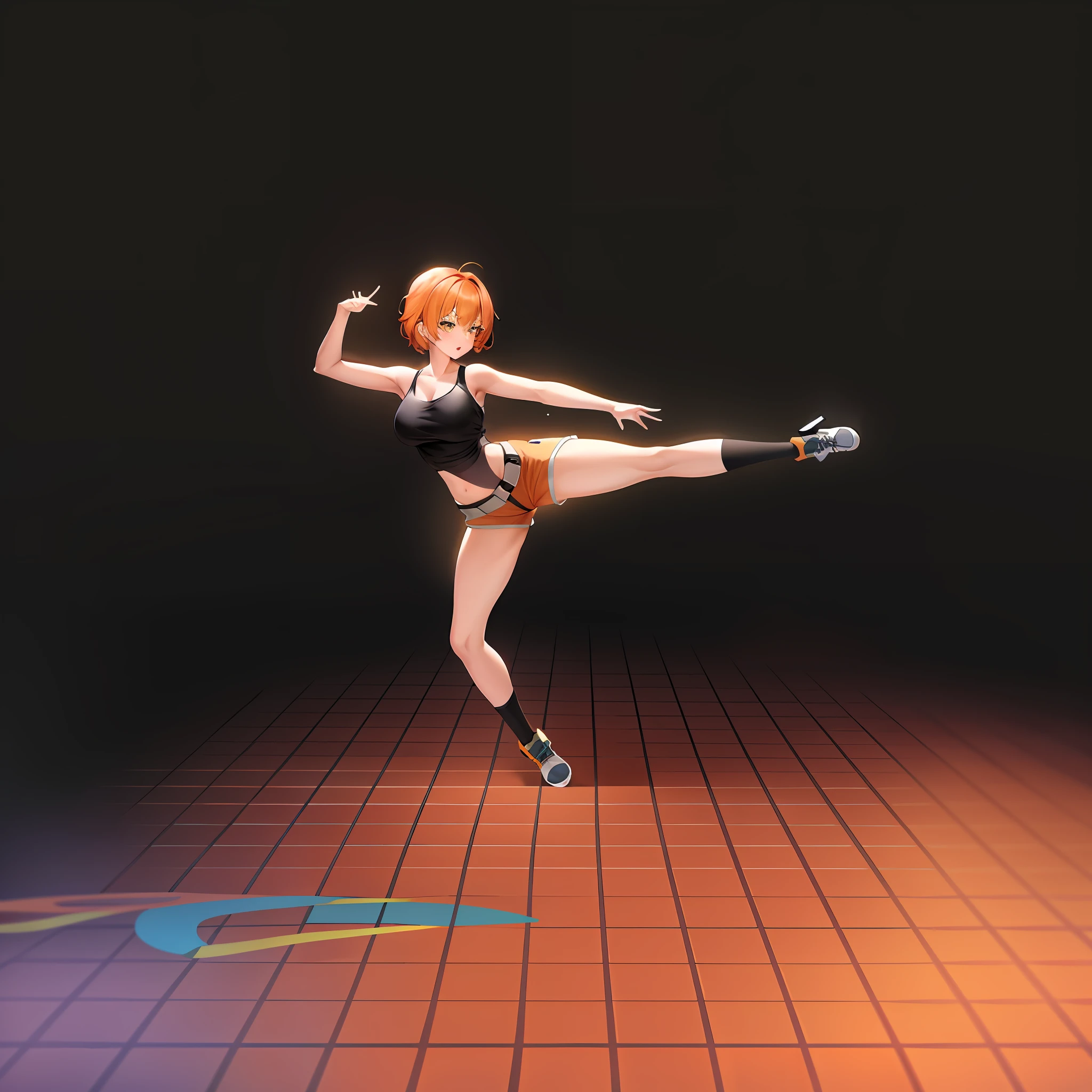 ((Best quality)), ((masterpiece)), ((highly intricate details)), beautiful, high quality, high resolution, absurd, light diffusion, intricate details, intricate details, ((anime)), (anime:1.2) , (perfect face: 1.3), colorful, more detailed, vibrant colors, high contrast, (8K UHD: 1.2), (photorealistic: 1.2), (masterpiece: 1.4), (best quality: 1.4) ), extremely detailed wallpaper, highly detailed illustrations, (super complex detail), unified 4K, (super detailed CG: 1.2), (8K: 1.2), (original), (masterpiece), (best quality), (reality : 1.3), photorealistic, Octane rendering, (surreal: 1.2) ,((masterpiece:1.4, best quality:1.2)),1girl, huge breasts, tiled surface, running pose, anime girl running, MOCAP, pose of dynamic movement, full body with dynamic pose, character animation, character animation, dynamic active running pose, realistic dynamic pose, character pose, Character is standing, animation model, she is dancing. realistic, character is in his natural pose, dark skin, black belly shirt, orange curly hair, ((small orange shorts)), yellow eyes, white high boots, ((night)), simple background, dark black background