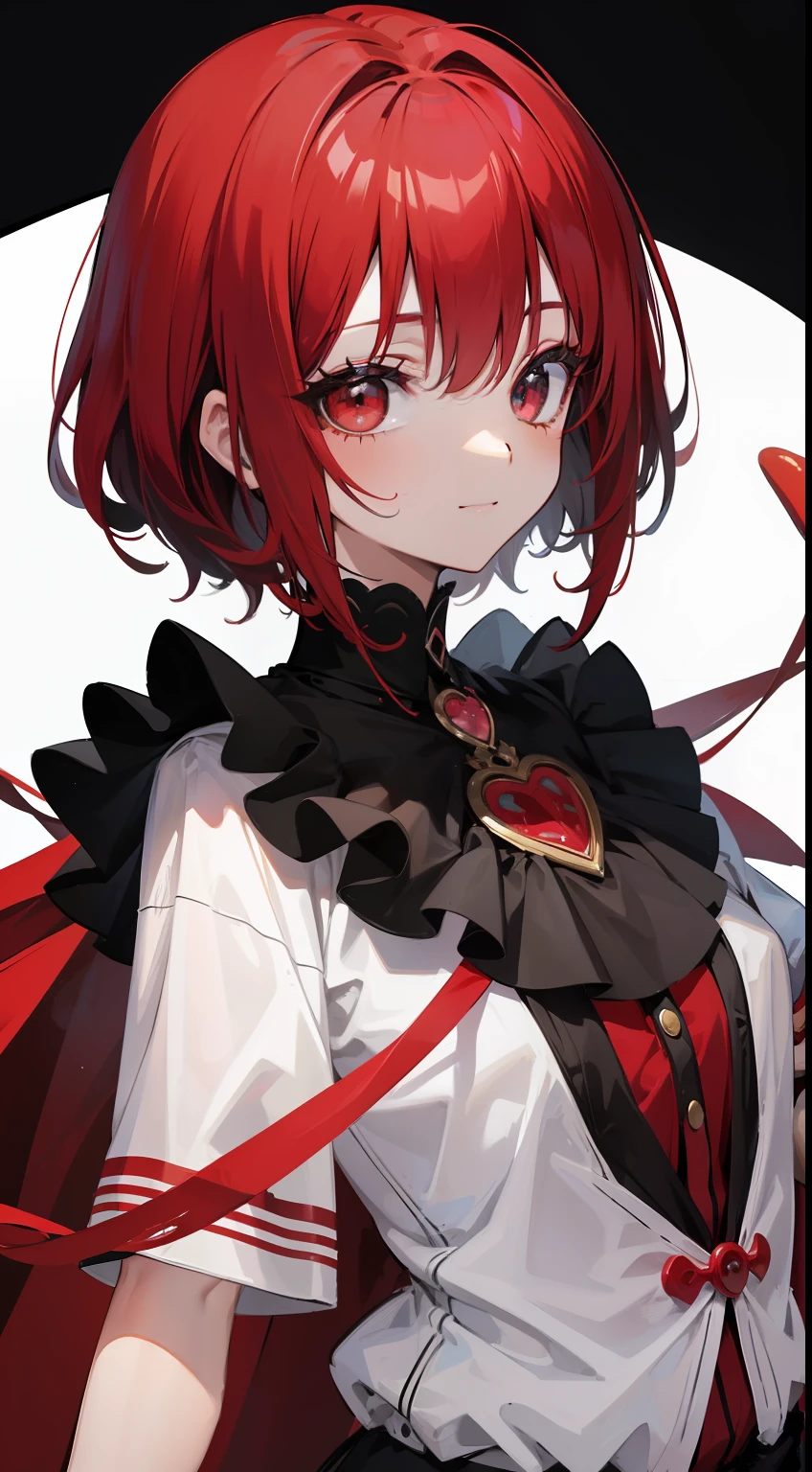 young girl, short black or red hair, The eyes are red, The shape of the royal jester, ssmile, clown makeup, Masterpiece, hiquality