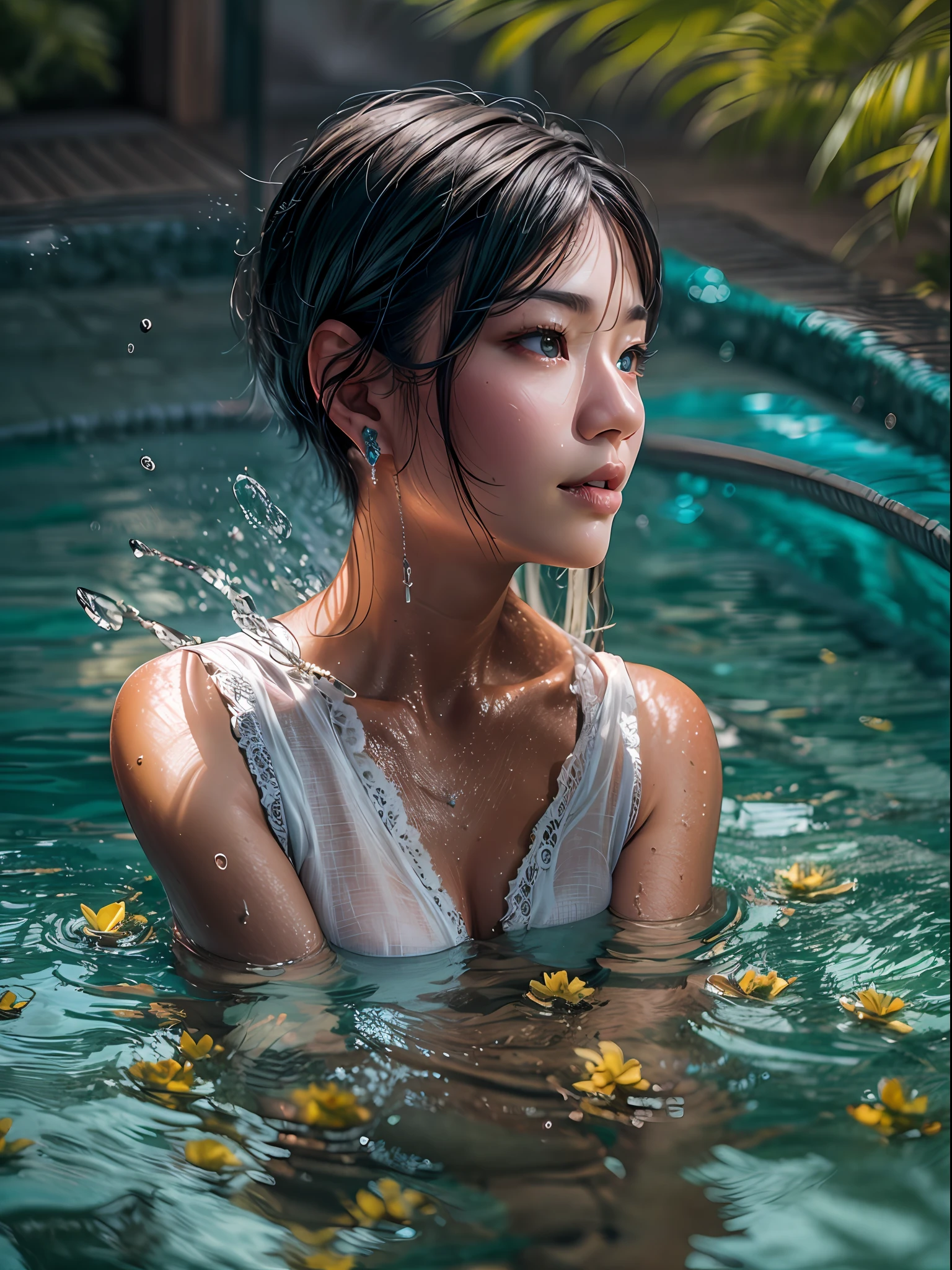 (best quality, photo-realistic, masterpiece:1.3), (Asian woman:1.2) with (short cropped hair:1.2), gracefully posing in a luxurious pool, water gently caressing her waist, (elegant poolside setting:1.3), (vibrant colors:1.3), (tasteful decor:1.1), (exotic plants:1.1), (chic poolside furniture:1.2), (crystal clear water:1.2) reflecting the surrounding beauty, (glistening sunlight:1.2), (sparkling droplets:1.1) on her skin, creating a sense of serenity, Cinematic, Hyper-detailed, insane details, beautifully color graded, Super-Resolution, Megapixel, Cinematic Lightning, Post Processing, Post Production, Tone Mapping Insanely detailed and intricate, Hyper maximalist, Volumetric, Photorealistic, ultra photoreal, ultra-detailed, intricate details, 8K, Super detailed, Full color, Volumetric lightning, HDR, Sharp focus Camera Model: Nikon Z6 II Lens: NIKKOR Z 35mm f/1.8 S