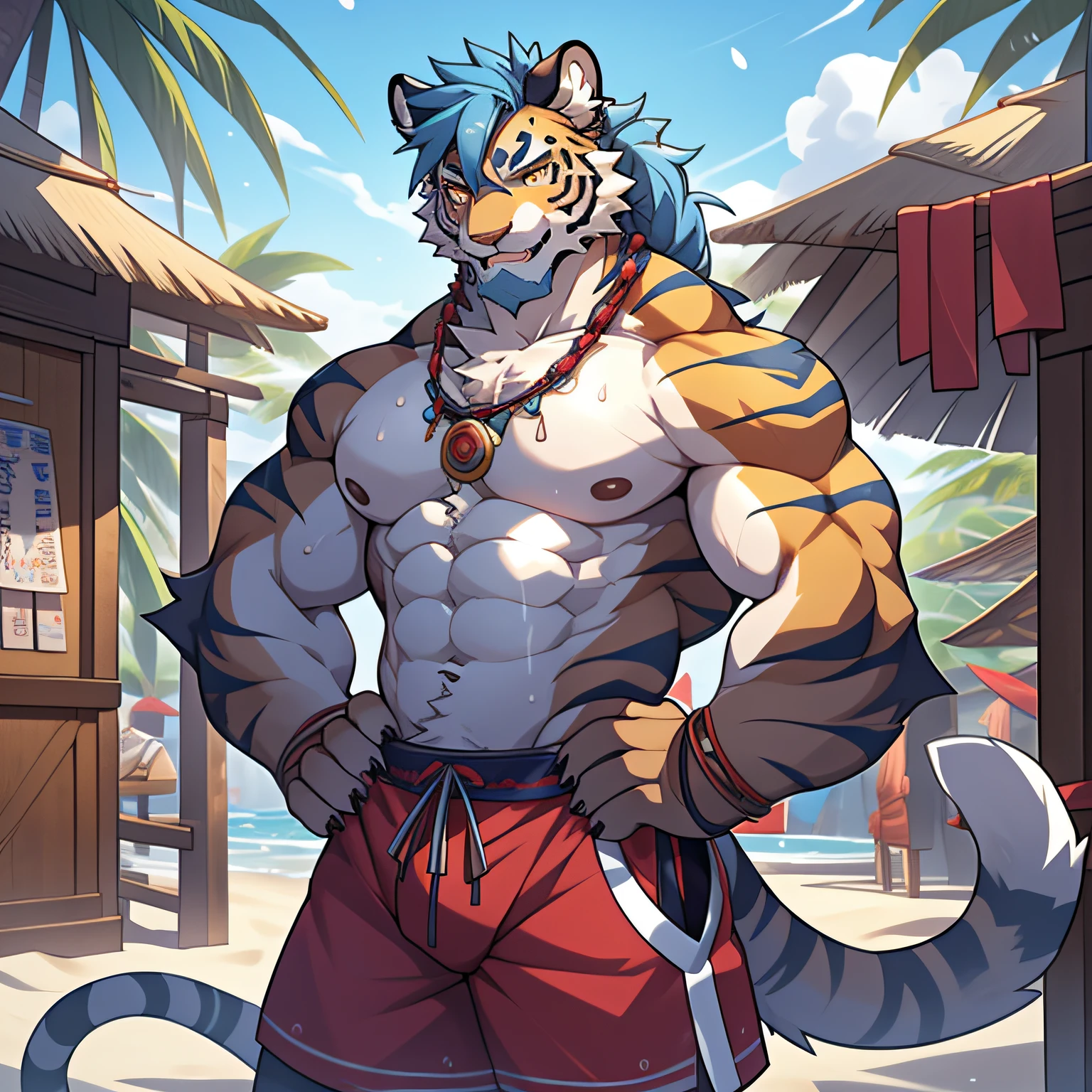 tmasterpiece,Best quality at best,,(1boys:1.4),独奏,Abs:0.8,musculature:0.7,Shrines, komono, male people,best qualtiy, tmasterpiece, A high resolution, 1boys, Male focus, 独奏, hand on hips, nedium breasts, looking at viewert, ssmile, with her mouth open, Summer Festivals, market stall, paper lanterns, , beautiful light up, Handsome, male people, highly detailed,Orange skin, Golden eyes, Gray-blue hair and beard, Tiger furry, high ponytails, Handsome face,Handsome eyes ,Hairy pectorals, Strong arms,Gorgeous facial features,美丽细致的眼睛,Complex fur,Detailed face,Perfect skin texture,Hawaiian shorts。Hot breathing,(Sweat+Sweat droplets),beachside,