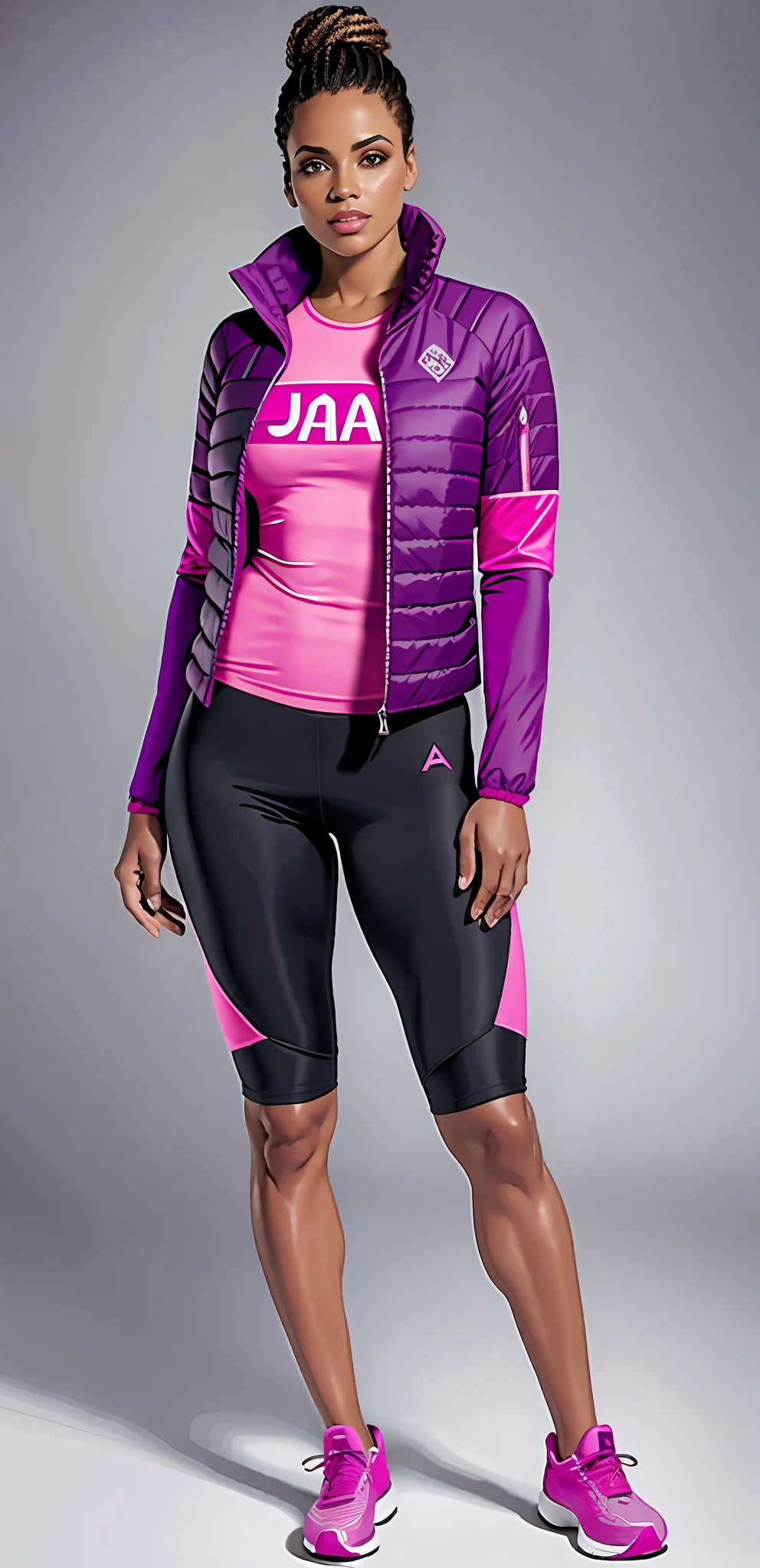 mulher em uma jaqueta esportiva roxa e saia posando para uma foto, corpo bonito, corpo sexy, corpo liso, jaqueta de nylon roxo, Roupas roxo e rosa, Purple jacket, trekking wear, usando jaqueta e saia, roupas de nylon roxo, Foto completa do produto, Camisa Magenta, roupa roxa, in trekking coat, magenta, roupa feminina, pele fuschia, com dois bolsos frontais, fuchsia skin, Directed by: Lee Jeffries, ((RAW)).