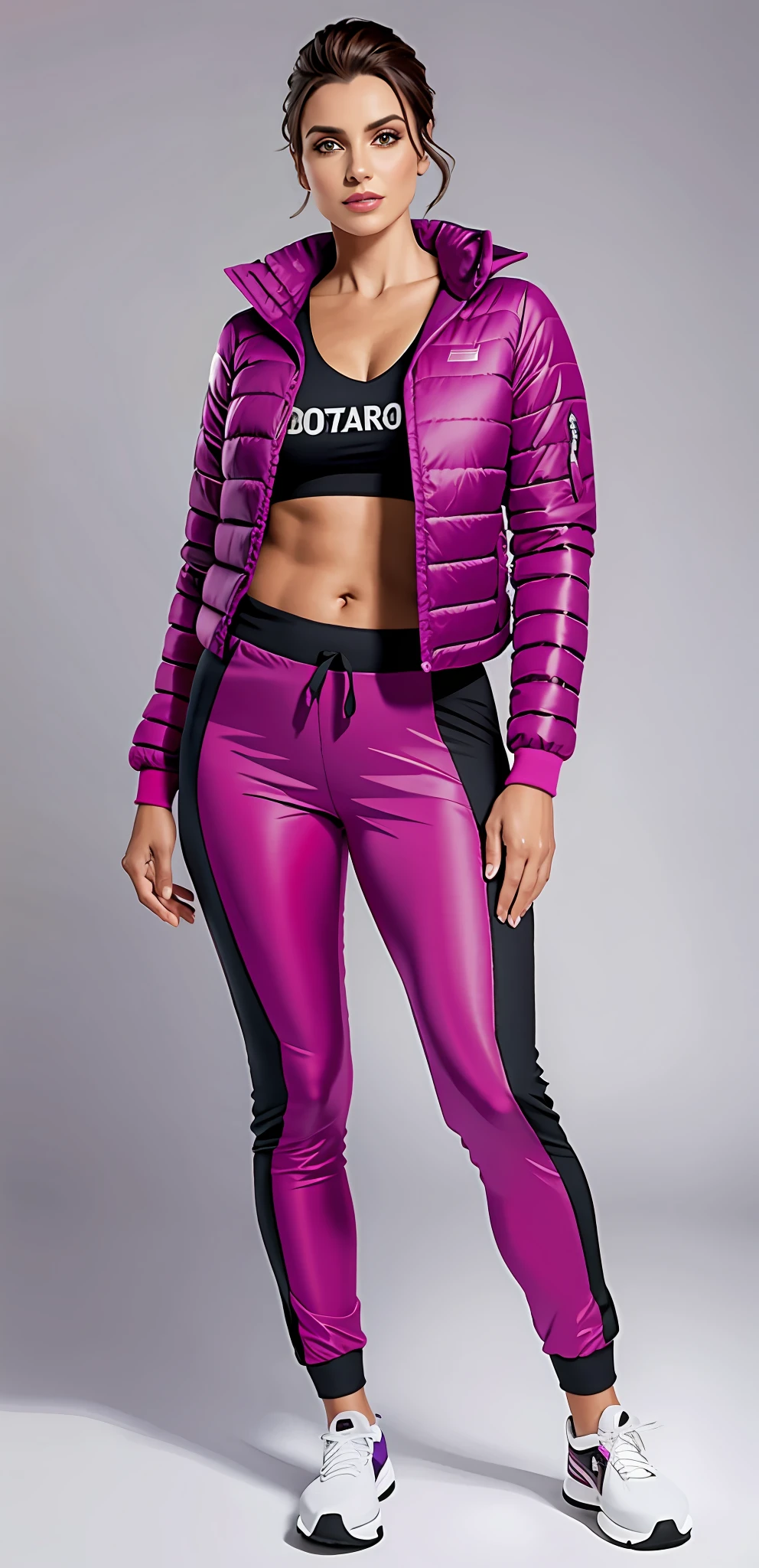 mulher em uma jaqueta esportiva roxa e saia posando para uma foto, corpo bonito, corpo sexy, corpo liso, jaqueta de nylon roxo, Roupas roxo e rosa, Purple jacket, trekking wear, usando jaqueta e saia, roupas de nylon roxo, Foto completa do produto, Camisa Magenta, roupa roxa, in trekking coat, magenta, roupa feminina, pele fuschia, com dois bolsos frontais, fuchsia skin, Directed by: Lee Jeffries, ((RAW)).