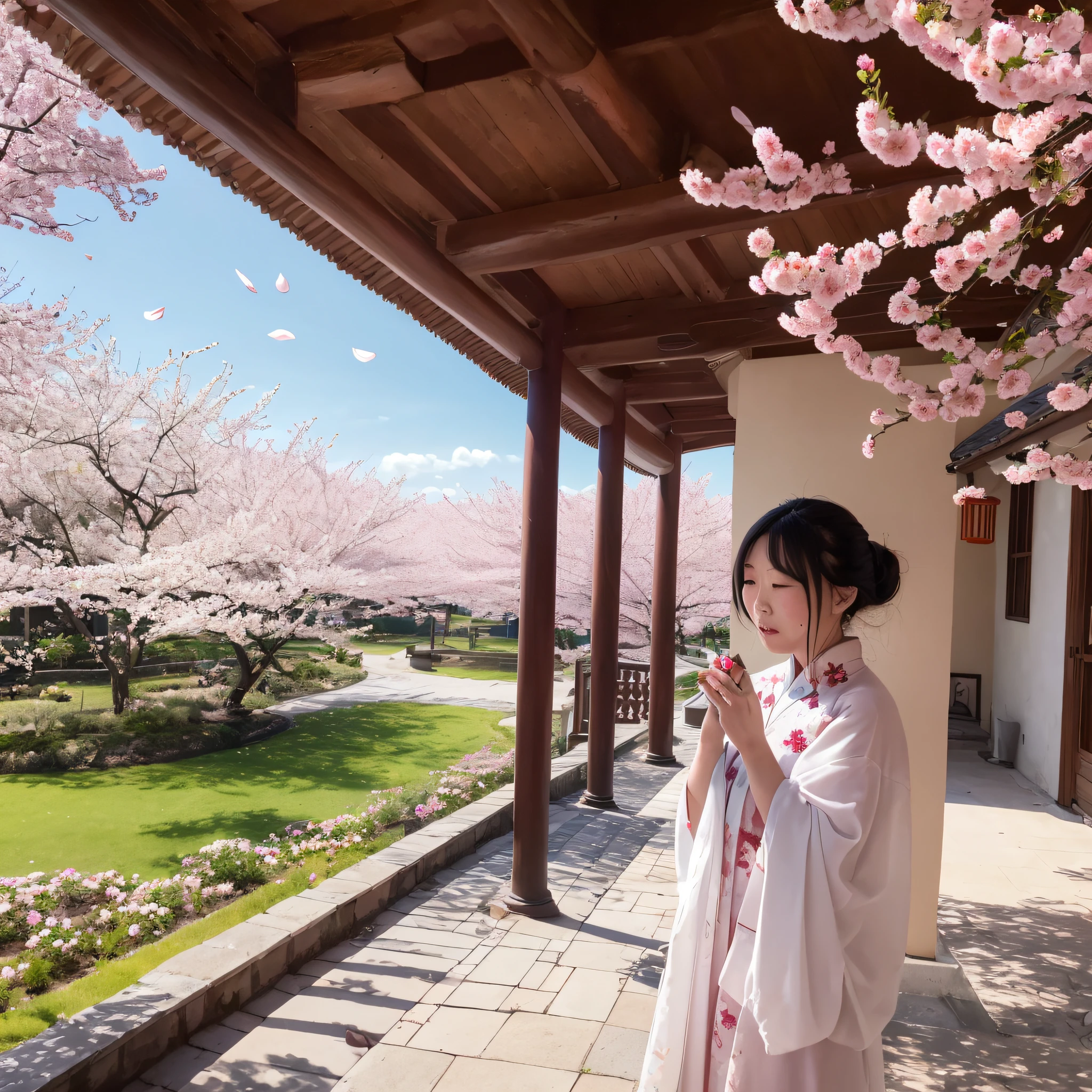 Cherry blossom petals flutter in the wind next to the ancient tower,Inside the terrace, A woman in Chinese clothing strokes a pipa