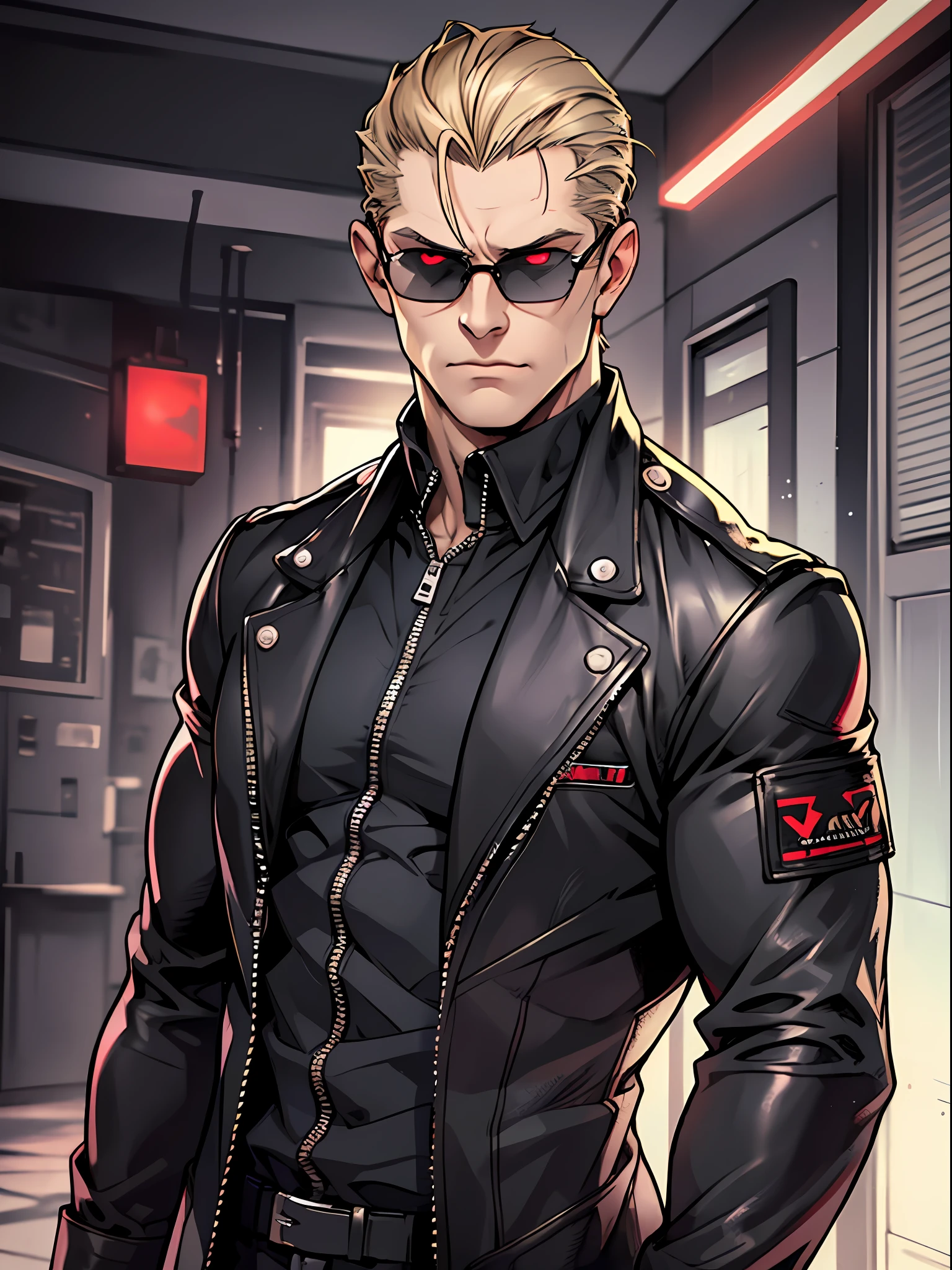 Albert Wesker from Resident Evil 5, 48 year old, tall, hunk, lean muscle, square-shaped face, wearing small black shades, thin dirty blond hair, slicked back hairstyle, tidy hair, cold face expression, viewer looking, black long coat, black zipped clothes, red eyes and glowing eyes, menacing pose, black gloves, best quality, masterpiece, high resolution:1.2, flat style, upper body shot, dark corridor in the background, center focus