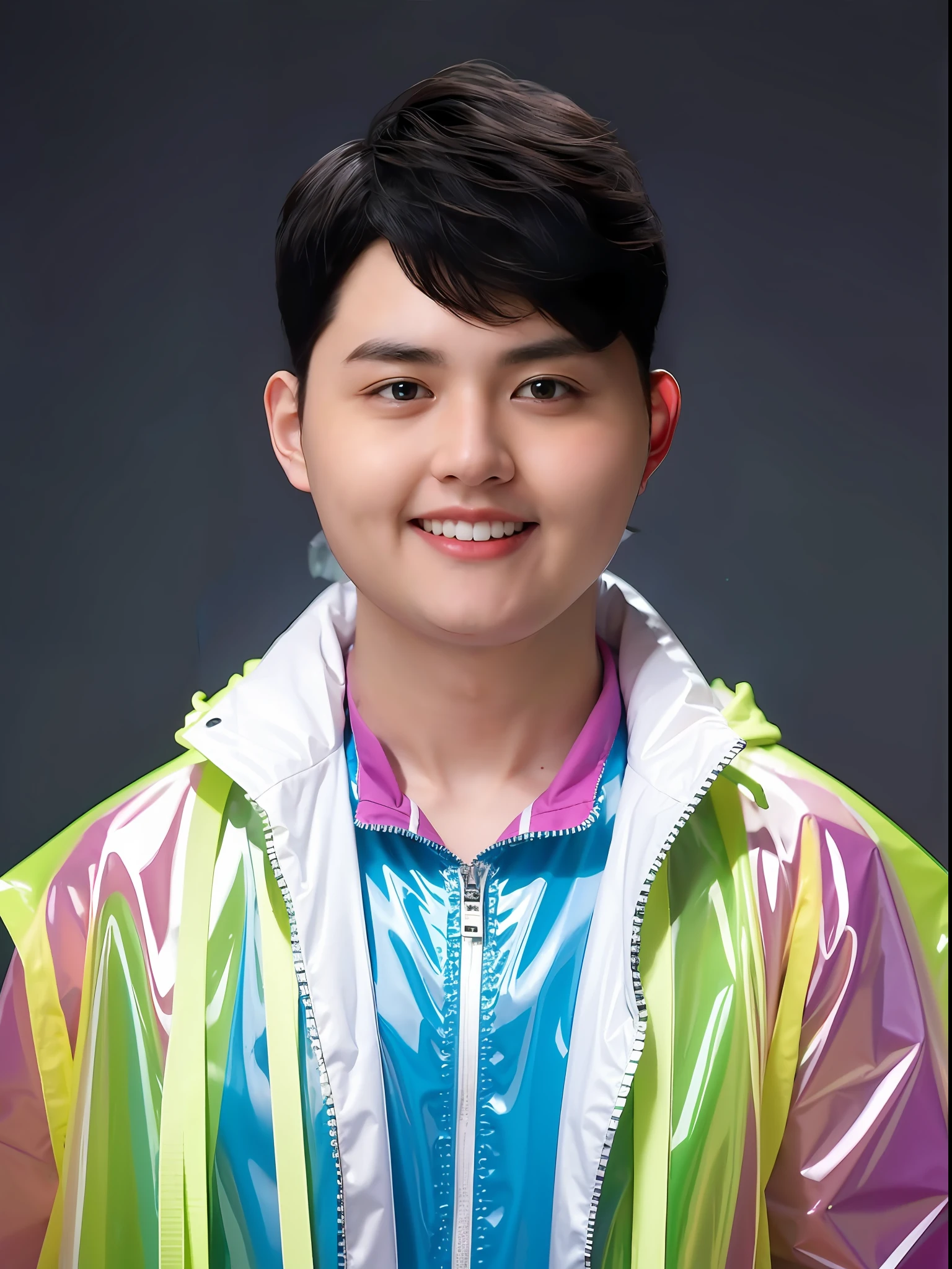 A Chinese male high school student。Wearing a PVC colored raincoat，There are zippers