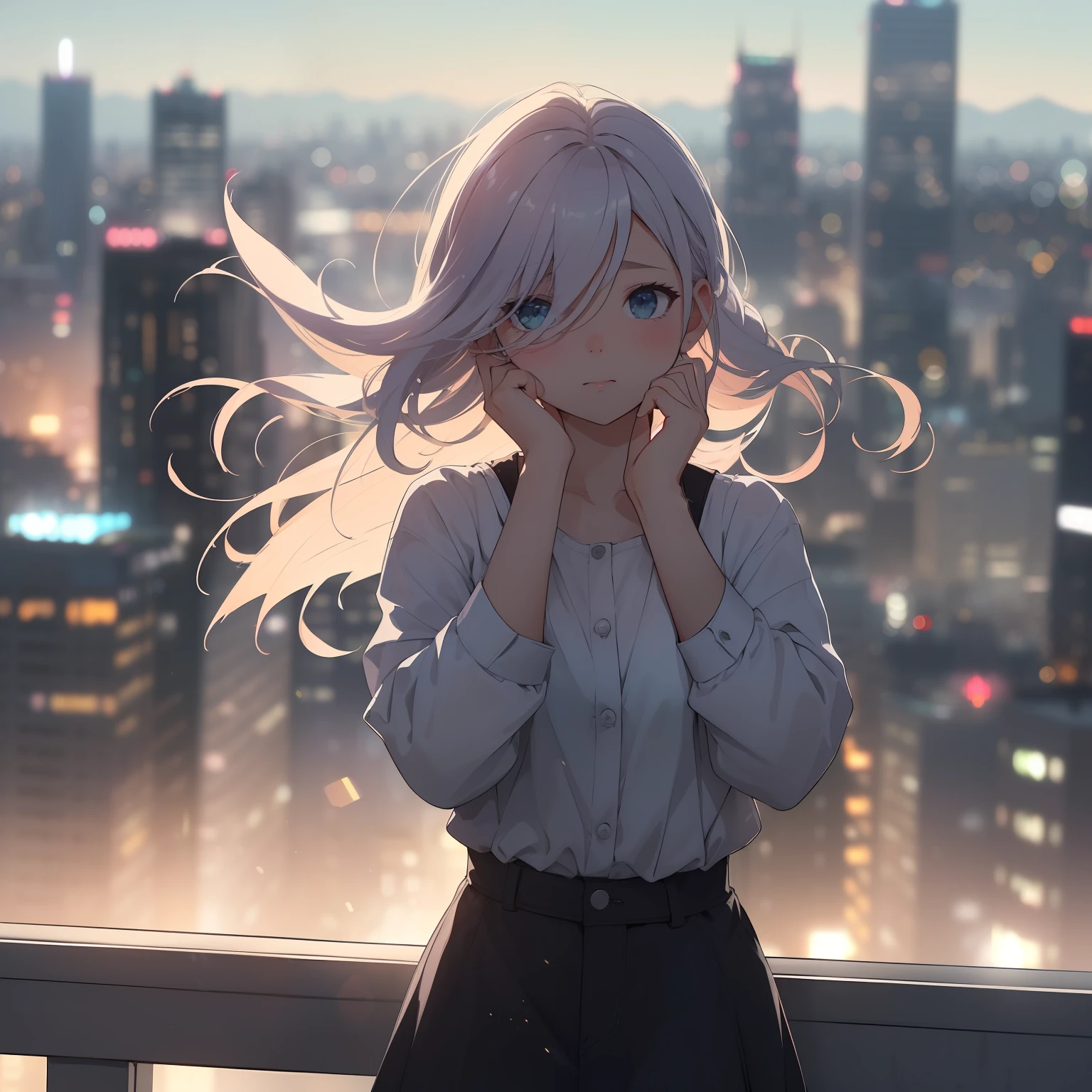 (raw photo:1.4)、The ultra -The high-definition、8k,Correct drawing、pastel drawing、Watercolor wind、Dramatic Lighting、Overlooking the big city from the rooftop of a skyscraper、The girl is surprised by the size of the world、I'm impressed、Feel the strong wind、(Motion Effect:1.3)、(Motion Blur:1.3)、(Bokeh:1.6)、