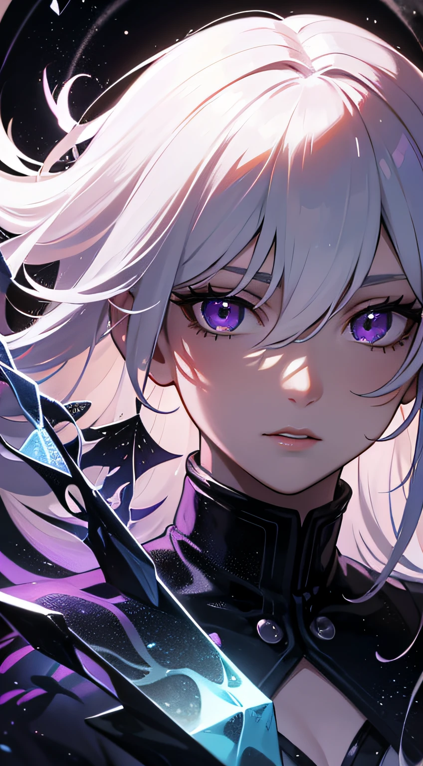 (masterpiece, best quality, ultra-detailed, best shadow), (detailed background,dark fantasy), (beautiful detailed face), high contrast, (best illumination, an extremely delicate and beautiful), ((cinematic light)), colorful, hyper detail, dramatic light, intricate details, (1girl, solo,white hair, sharp face,purple eyes, hair between eyes,dynamic angle), blood splatter, swirling black light around the character, depth of field,black light particles,(broken glass),magic circle,