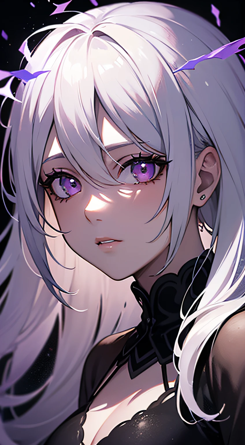 (masterpiece, best quality, ultra-detailed, best shadow), (detailed background,dark fantasy), (beautiful detailed face), high contrast, (best illumination, an extremely delicate and beautiful), ((cinematic light)), colorful, hyper detail, dramatic light, intricate details, (1girl, solo,white hair, sharp face,purple eyes, hair between eyes,dynamic angle), blood splatter, swirling black light around the character, depth of field,black light particles,(broken glass),magic circle,