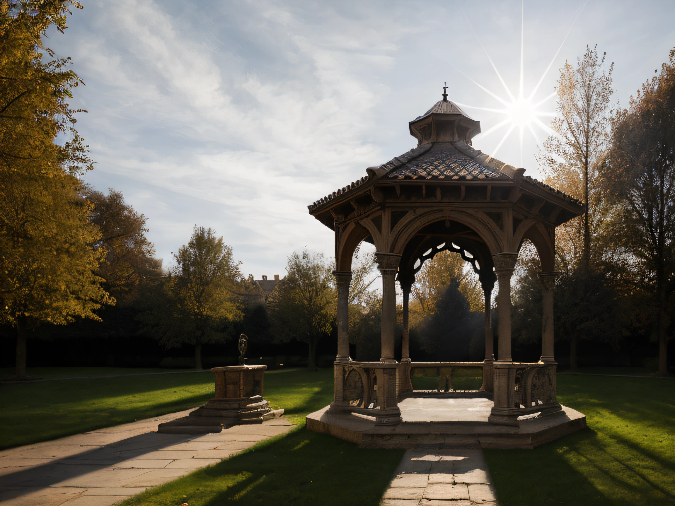 medium shot of a medieval romanesque gazebo designed by Hans Ruedi Giger, octagonal, exterior, medieval romanesque architecture, in a big medieval city, (backlighting), realistic, masterpiece, highest quality, lens flare, shade, bloom, [[chromatic aberration]], by Jeremy Lipking, by Antonio J. Manzanedo, digital painting