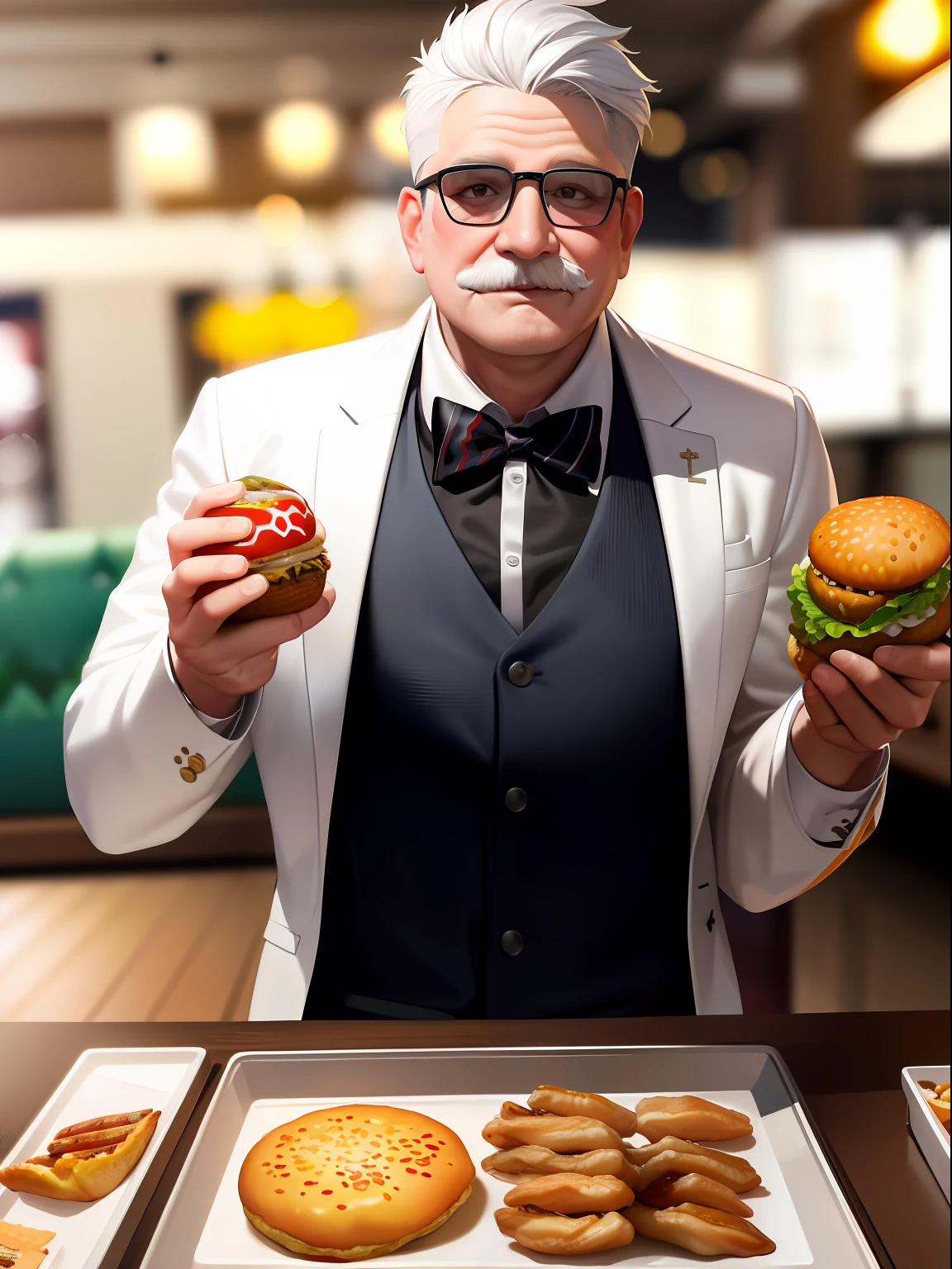 tmasterpiece,best qualityer,Detailed details,Chubby grandpa, ssmile,KFC hamburger,Coke,Grilled chicken wings,White hair,short detailed hair,white mustache,white business suit,White trousers,a black bowtie,red apron,dynamicposes,restaurant,fast food restaurant